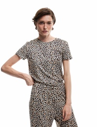 Kısa Kollu Bisiklet Yaka Leopar Desenli Crop Pijama Üstü