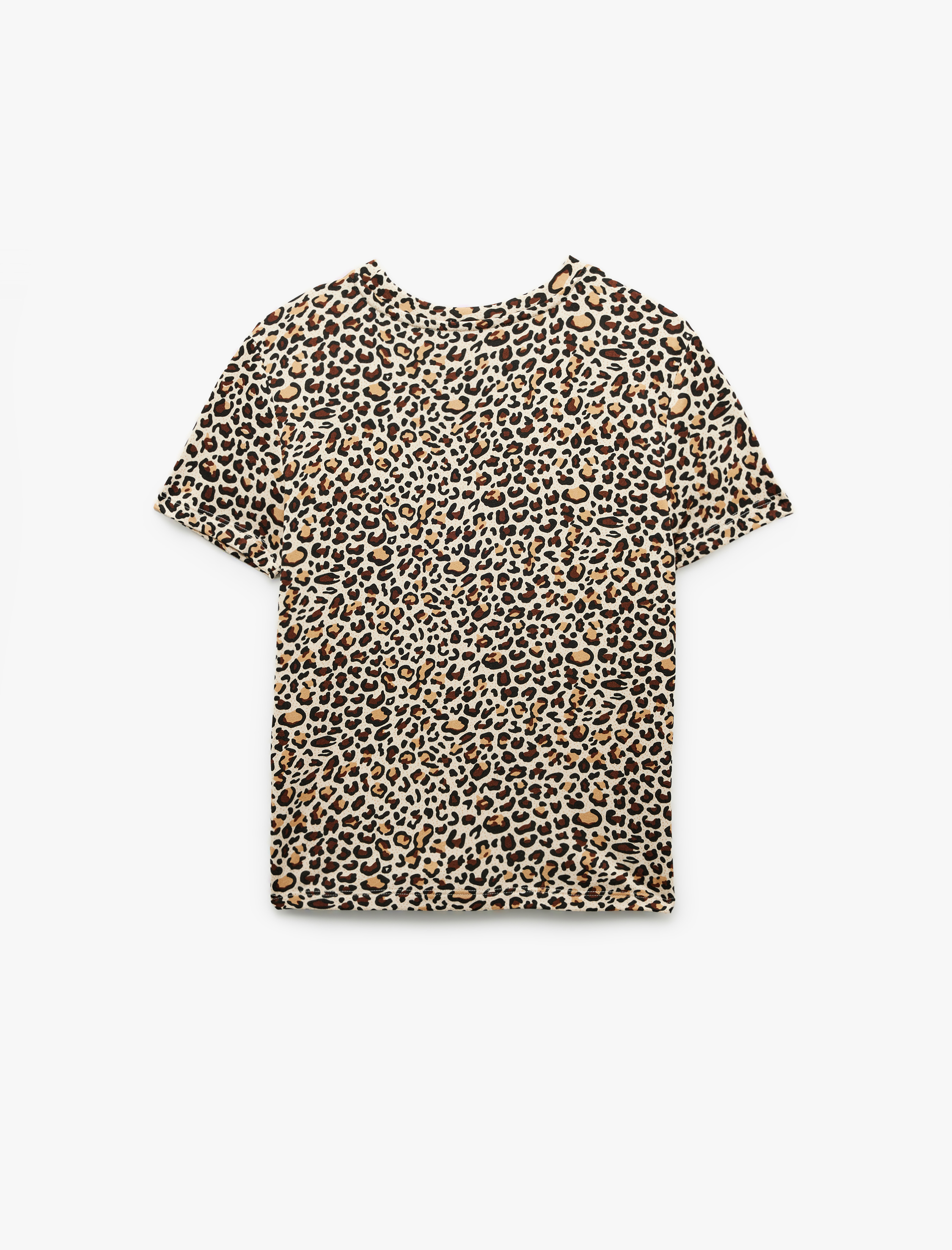   Kısa Kollu Bisiklet Yaka Leopar Desenli Crop Pijama Üstü