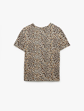 Kısa Kollu Bisiklet Yaka Leopar Desenli Crop Pijama Üstü_3