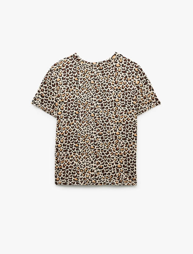 Kısa Kollu Bisiklet Yaka Leopar Desenli Crop Pijama Üstü_3
