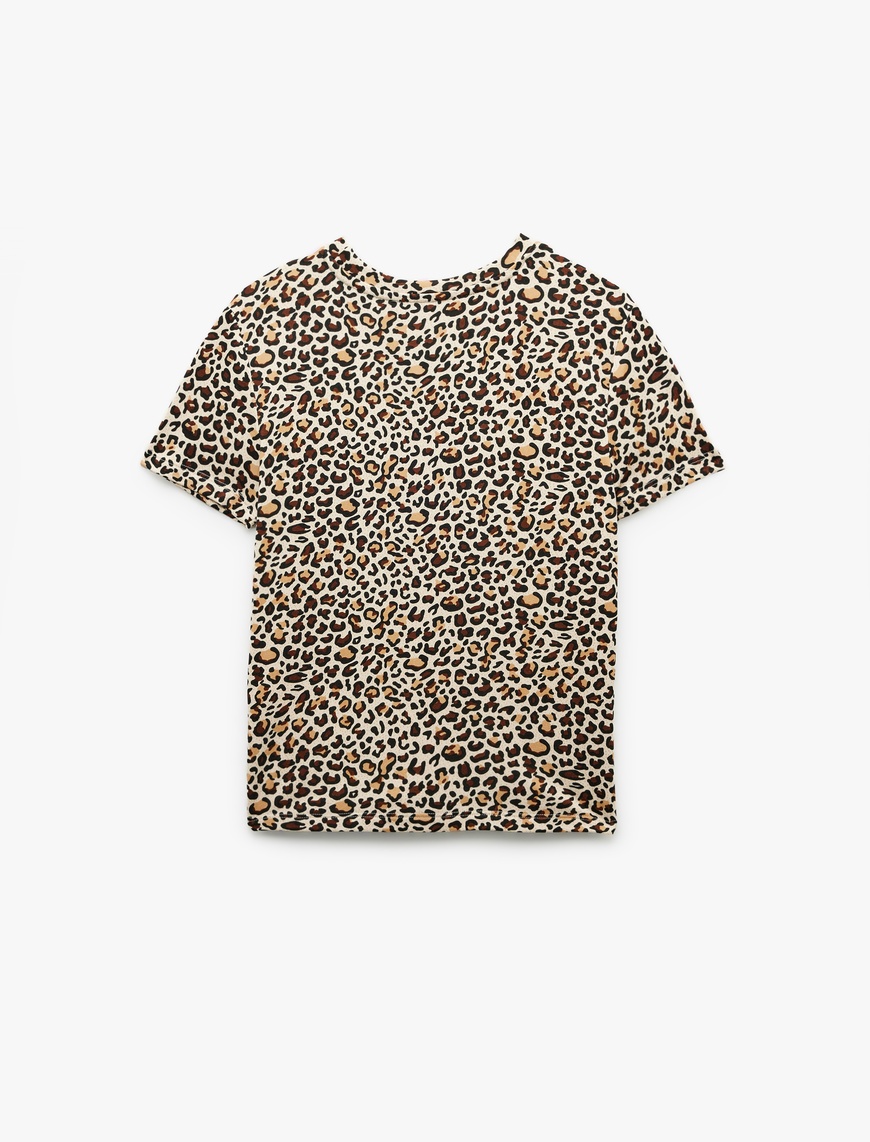   Kısa Kollu Bisiklet Yaka Leopar Desenli Crop Pijama Üstü