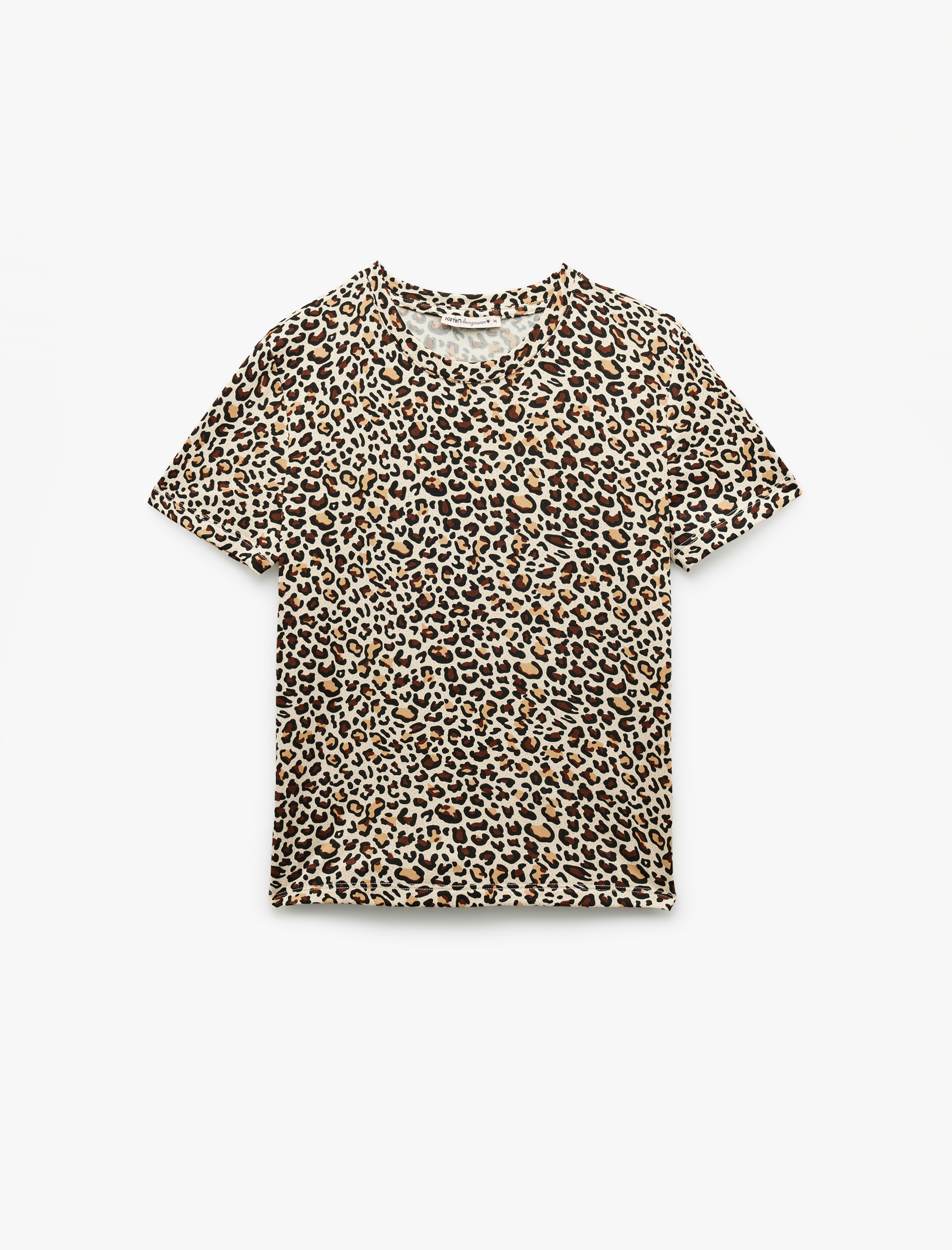   Kısa Kollu Bisiklet Yaka Leopar Desenli Crop Pijama Üstü