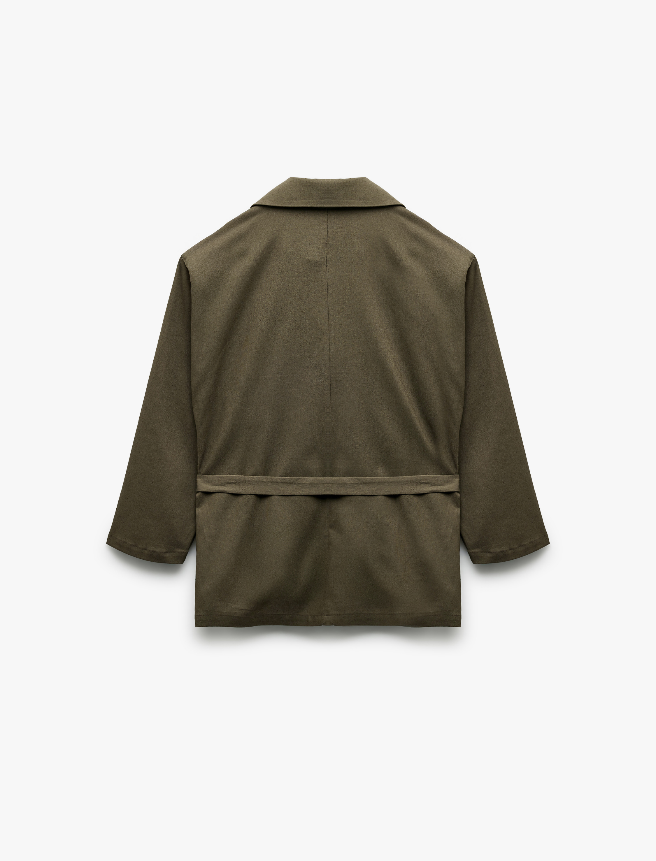   Uzun Kollu Düğmeli Kemerli Cep Detaylı Keten Oversize Ceket