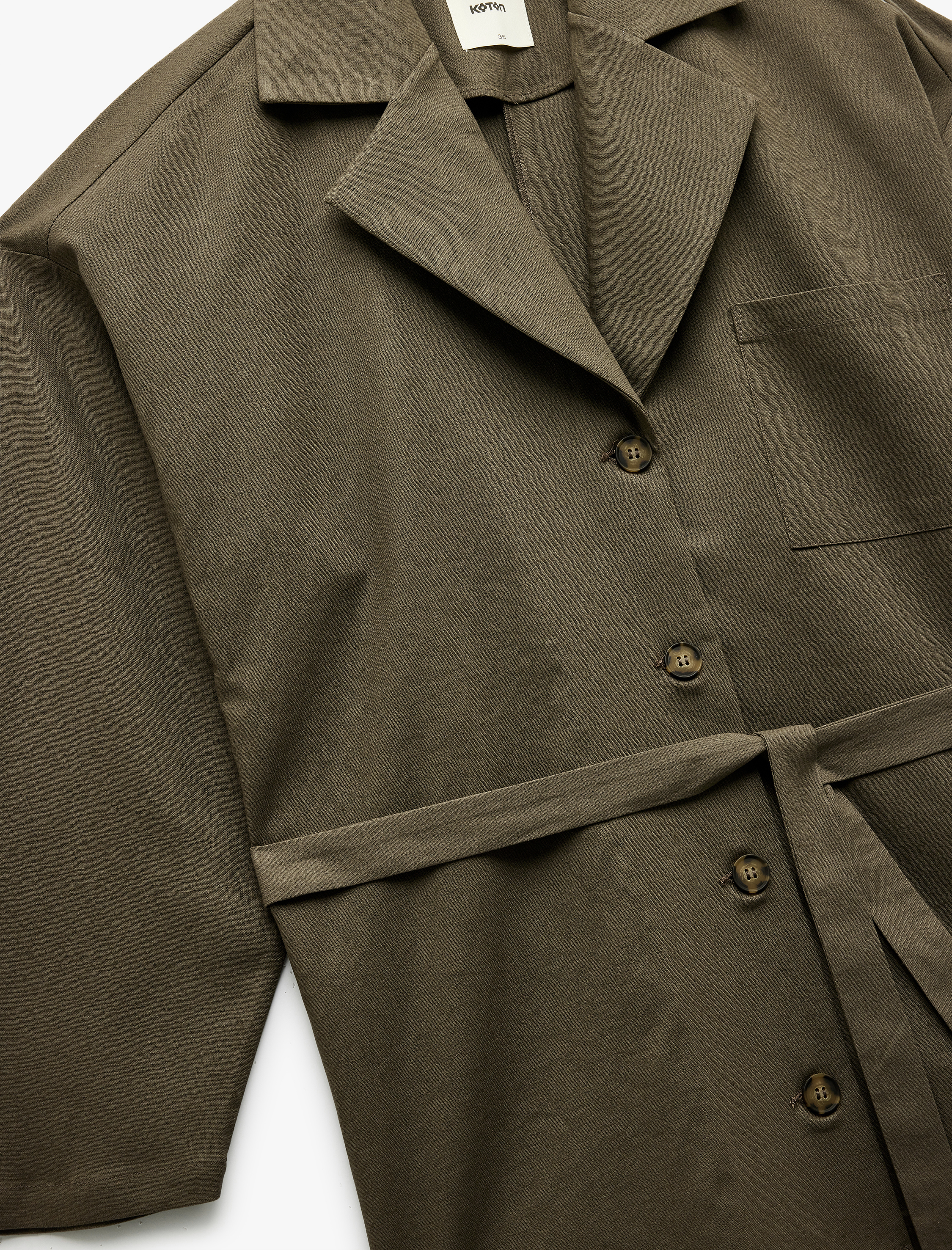   Uzun Kollu Düğmeli Kemerli Cep Detaylı Keten Oversize Ceket