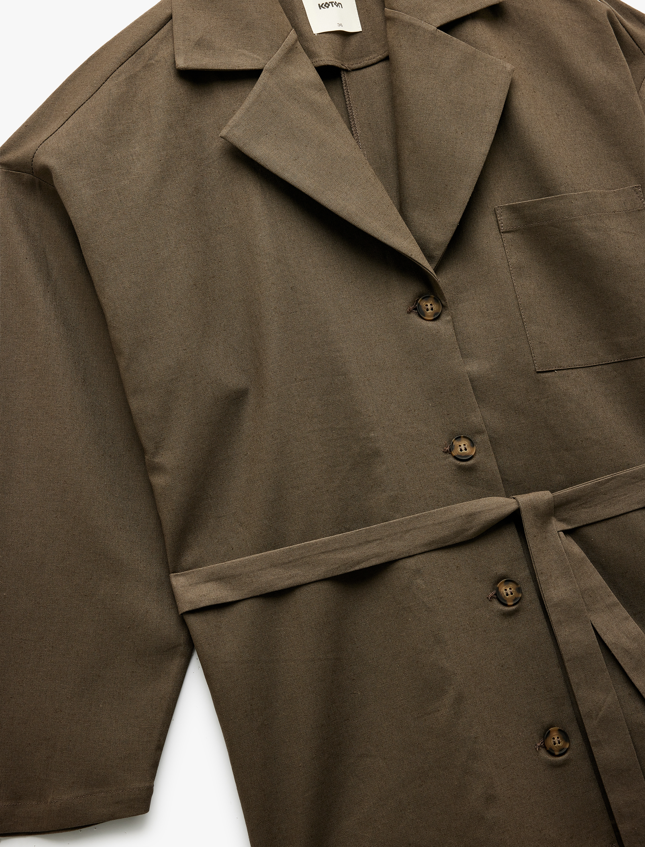   Uzun Kollu Düğmeli Kemerli Cep Detaylı Keten Oversize Ceket