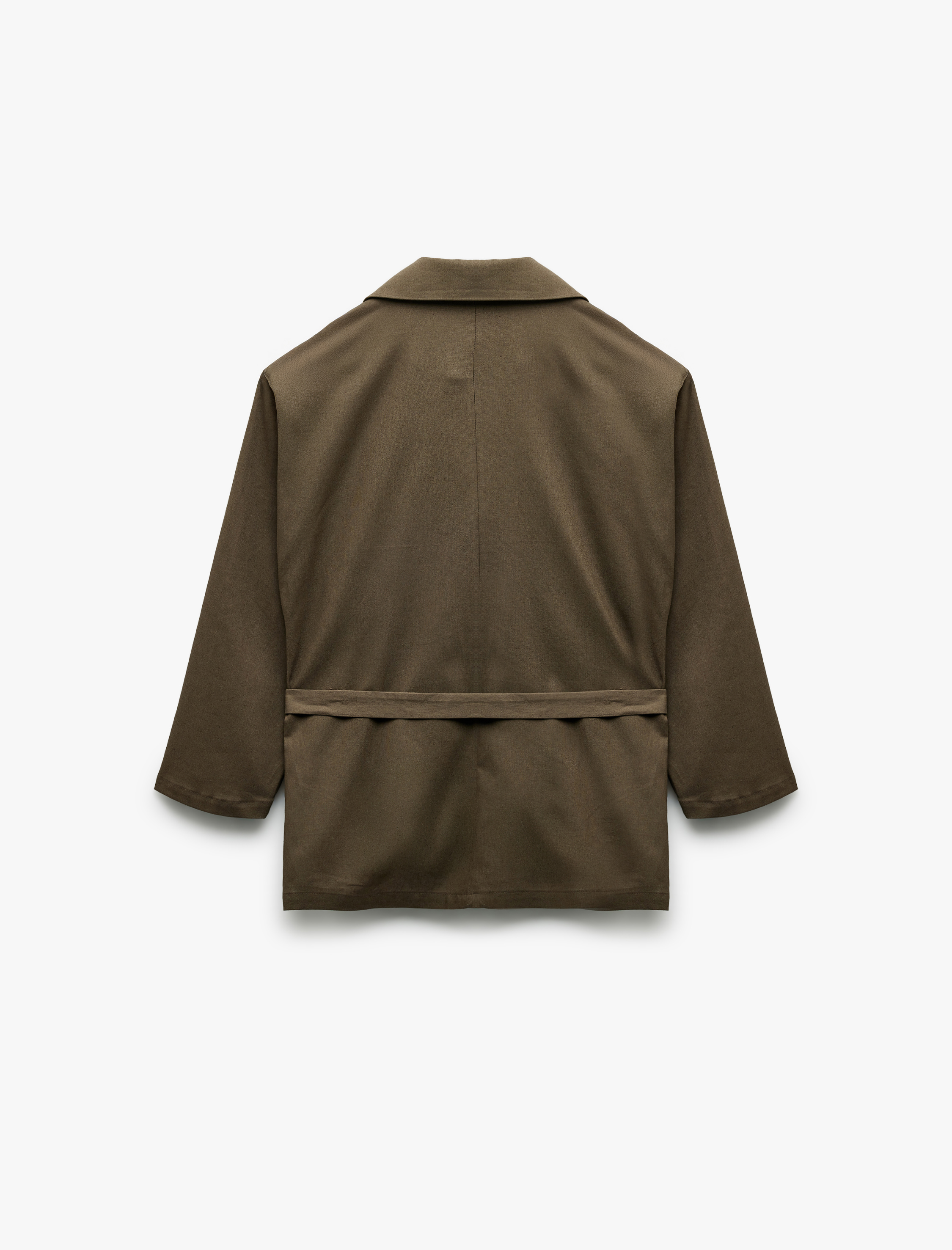   Uzun Kollu Düğmeli Kemerli Cep Detaylı Keten Oversize Ceket