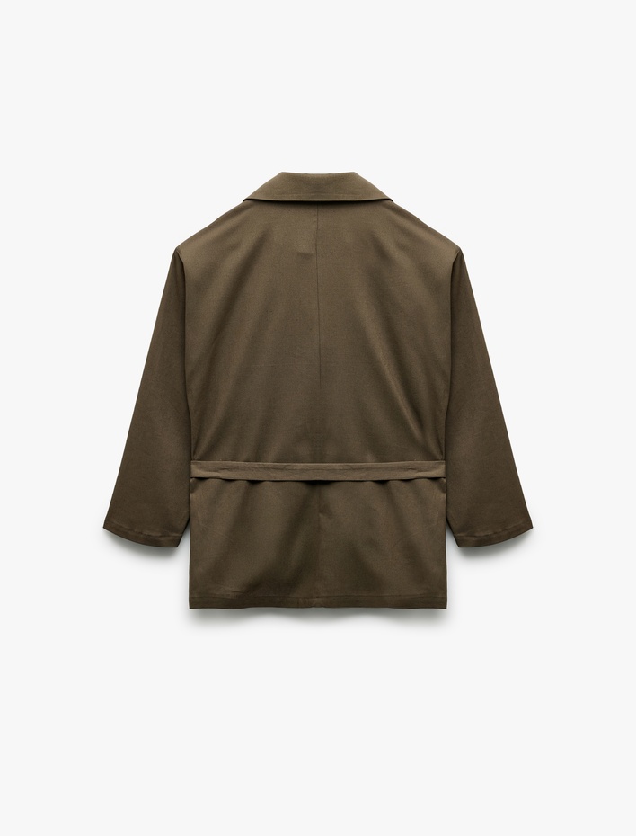  Uzun Kollu Düğmeli Kemerli Cep Detaylı Keten Oversize Ceket