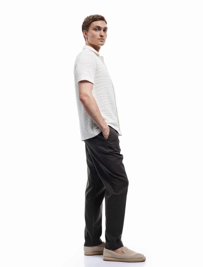  Beli Bağcıklı Cep Detaylı Düğmeli Pileli Keten Pamuk Karışımlı Chino Pantolon