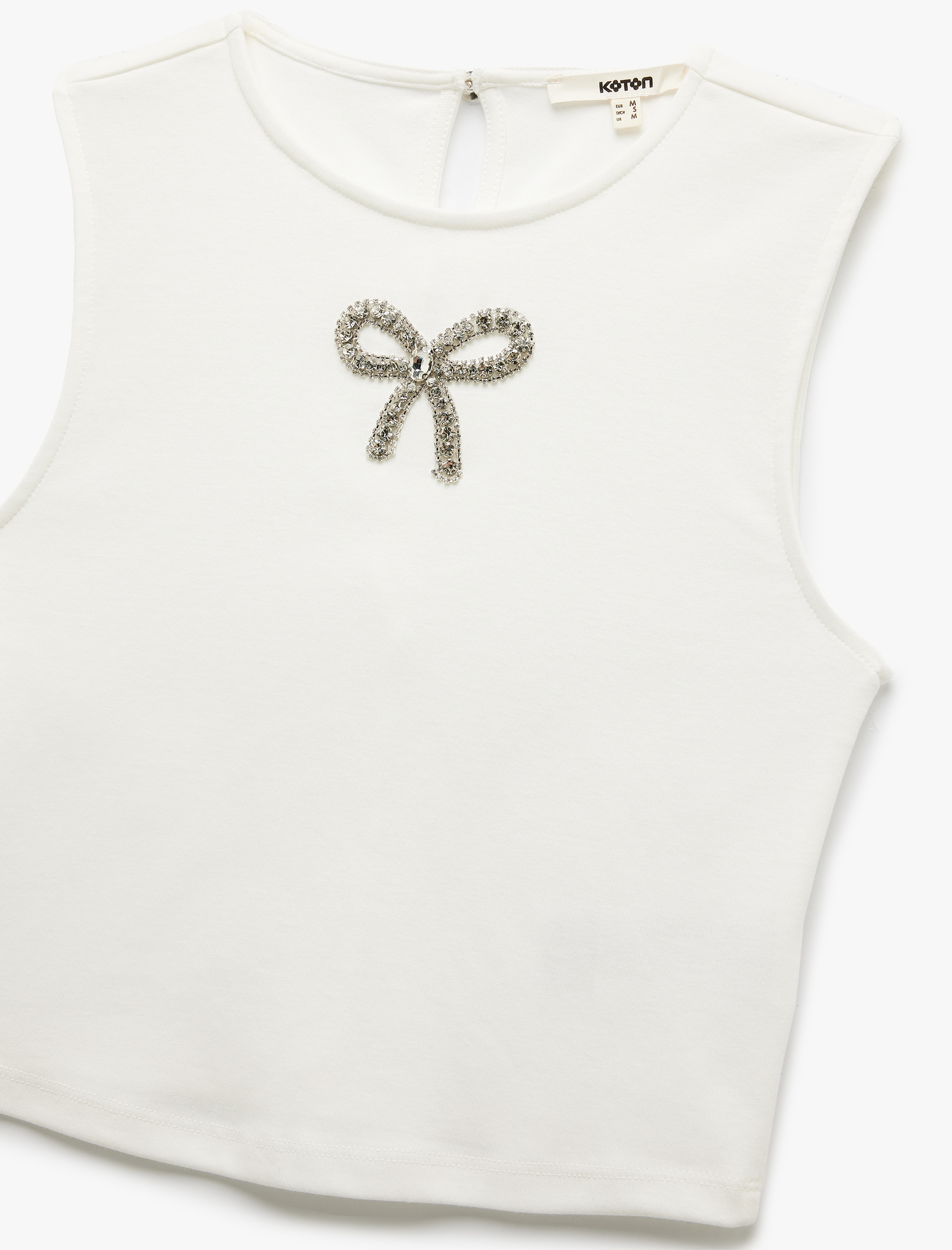   Pamuklu Slim Fit Kolsuz Bisiklet Yaka Fiyonk Detaylı Taşlı Bluz