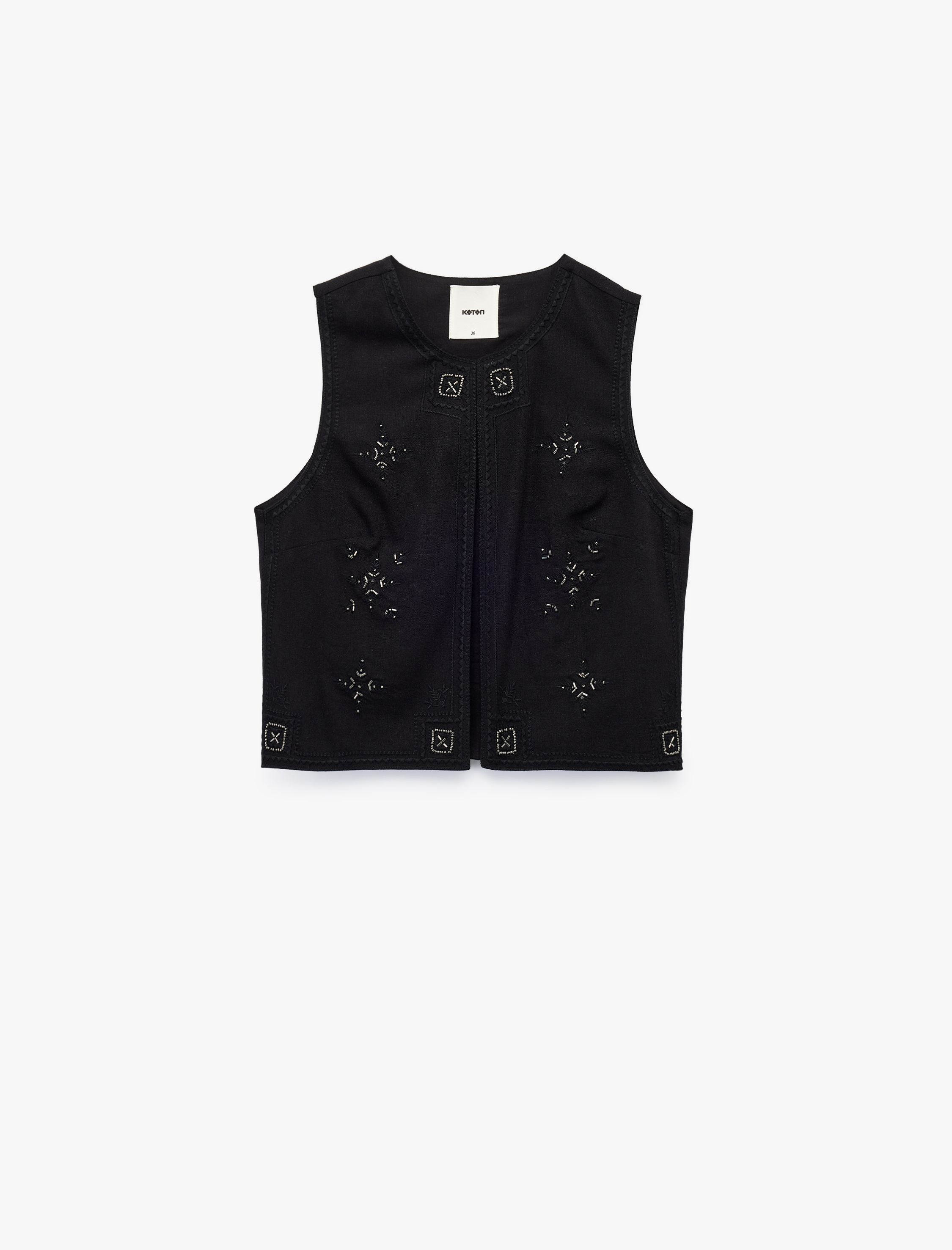   Pamuklu Viskon Kumaş Astarlı Bol Kalıp Bisiklet Yaka Kolsuz Boncuk İşlemeli Yelek