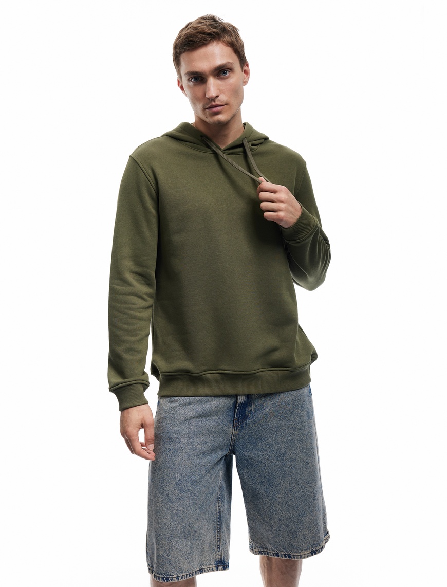   Şardonlu Uzun Kollu Basic Kapşonlu Sweatshirt