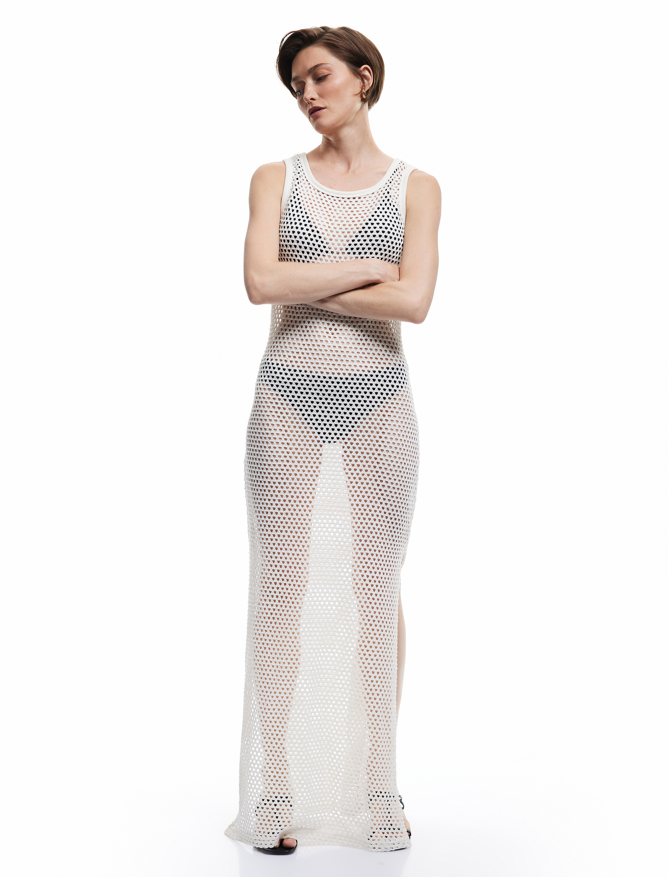 Kolsuz Bisiklet Yaka File Detaylı Uzun Kroşe Plaj Elbisesi