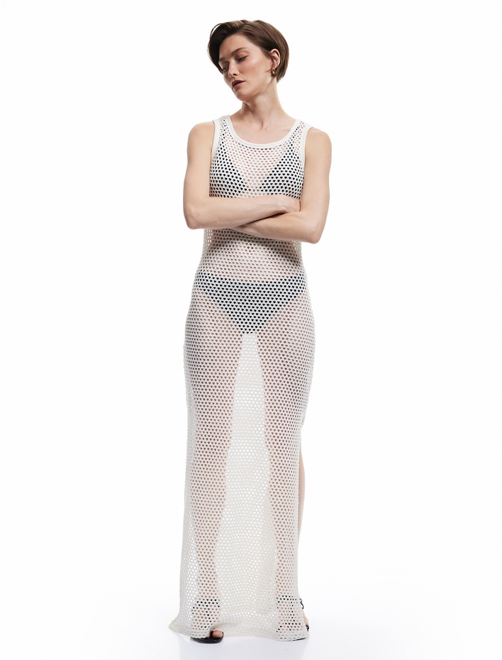  Kolsuz Bisiklet Yaka File Detaylı Uzun Kroşe Plaj Elbisesi