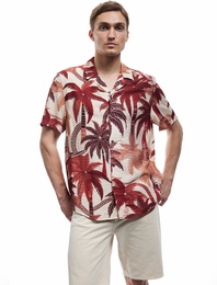 Kısa Kollu Regular Fit Devrik Yaka Viskon Palmiye Desenli Hawaii Gömlek