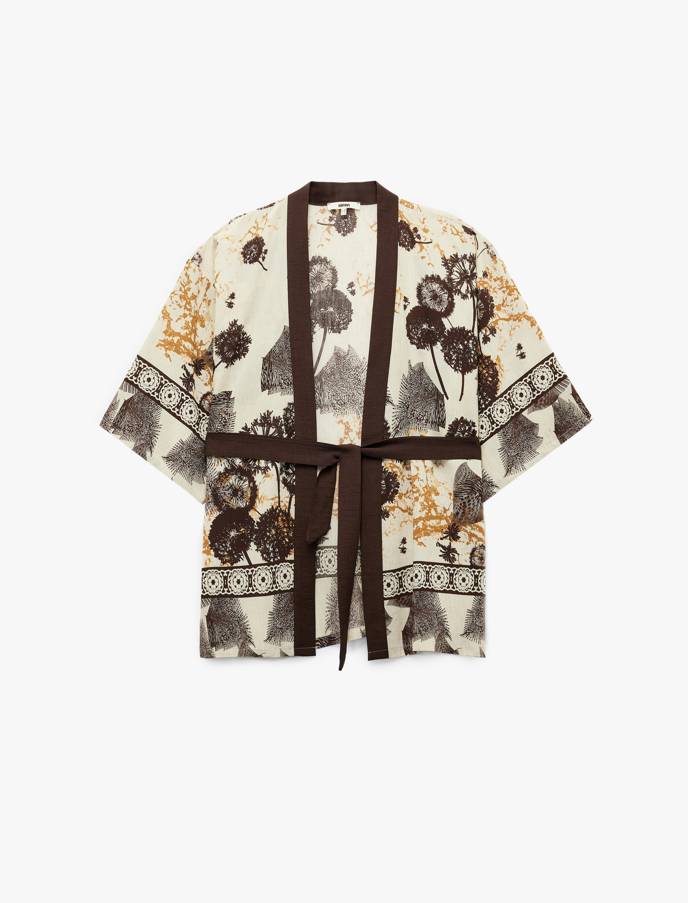   Kemerli V Yaka Yarım Kollu Çiçek Desenli Keten Karışımlı Kimono