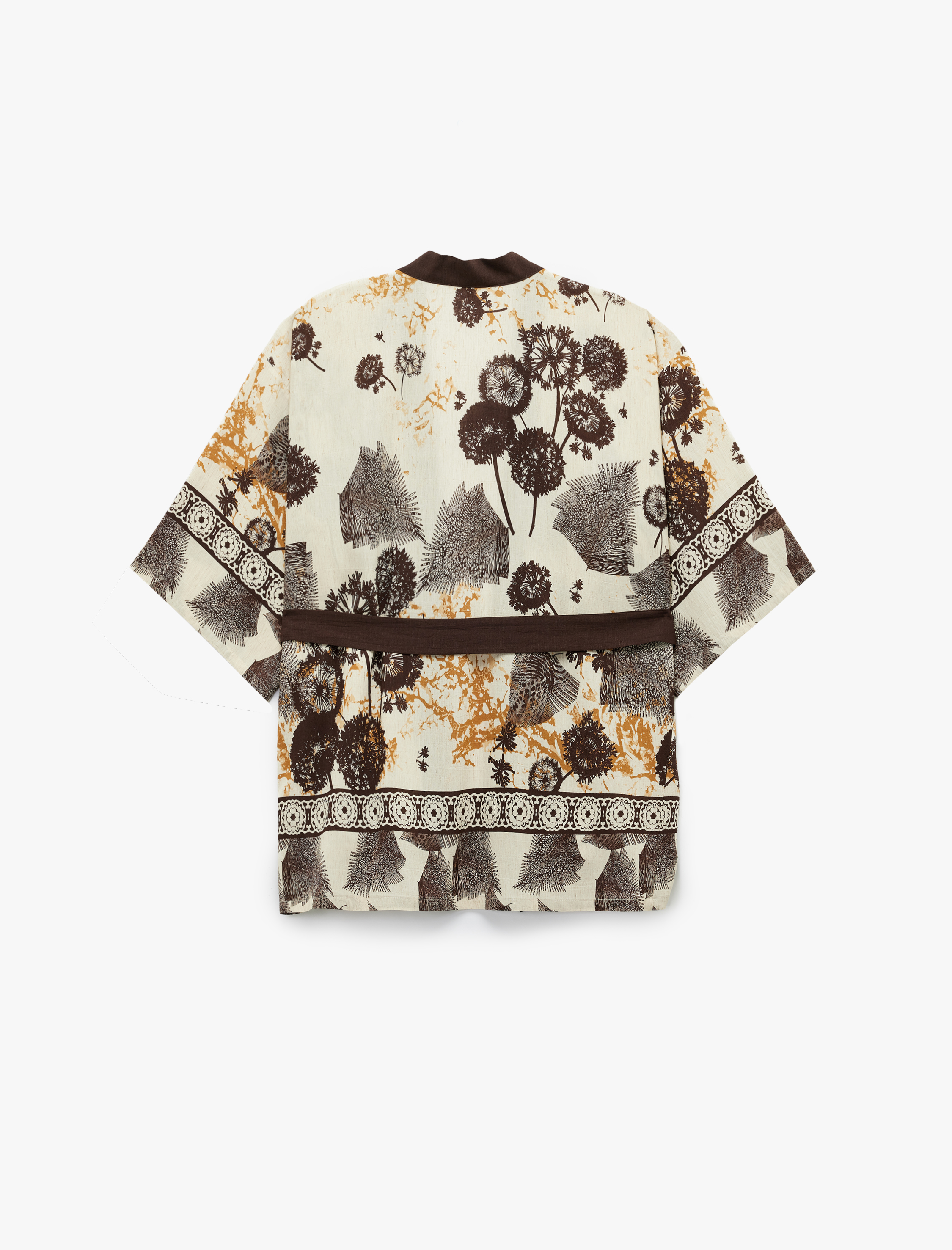   Kemerli V Yaka Yarım Kollu Çiçek Desenli Keten Karışımlı Kimono