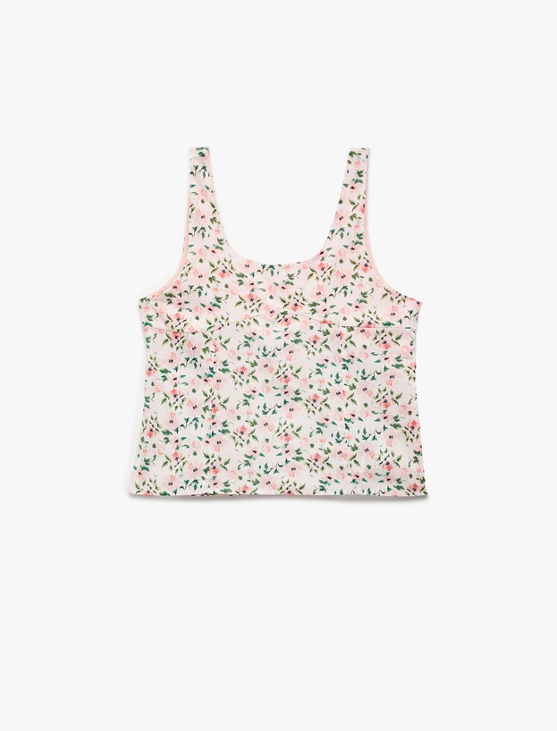 Pamuklu Kare Yaka Kolsuz Askılı Çiçekli Crop Bluz_0