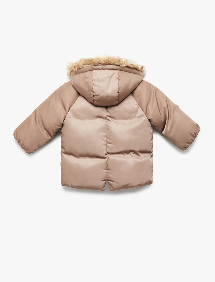 Erkek Bebek Uzun Kollu Cepli Peluş Detaylı Kapşonlu Şişme Mont