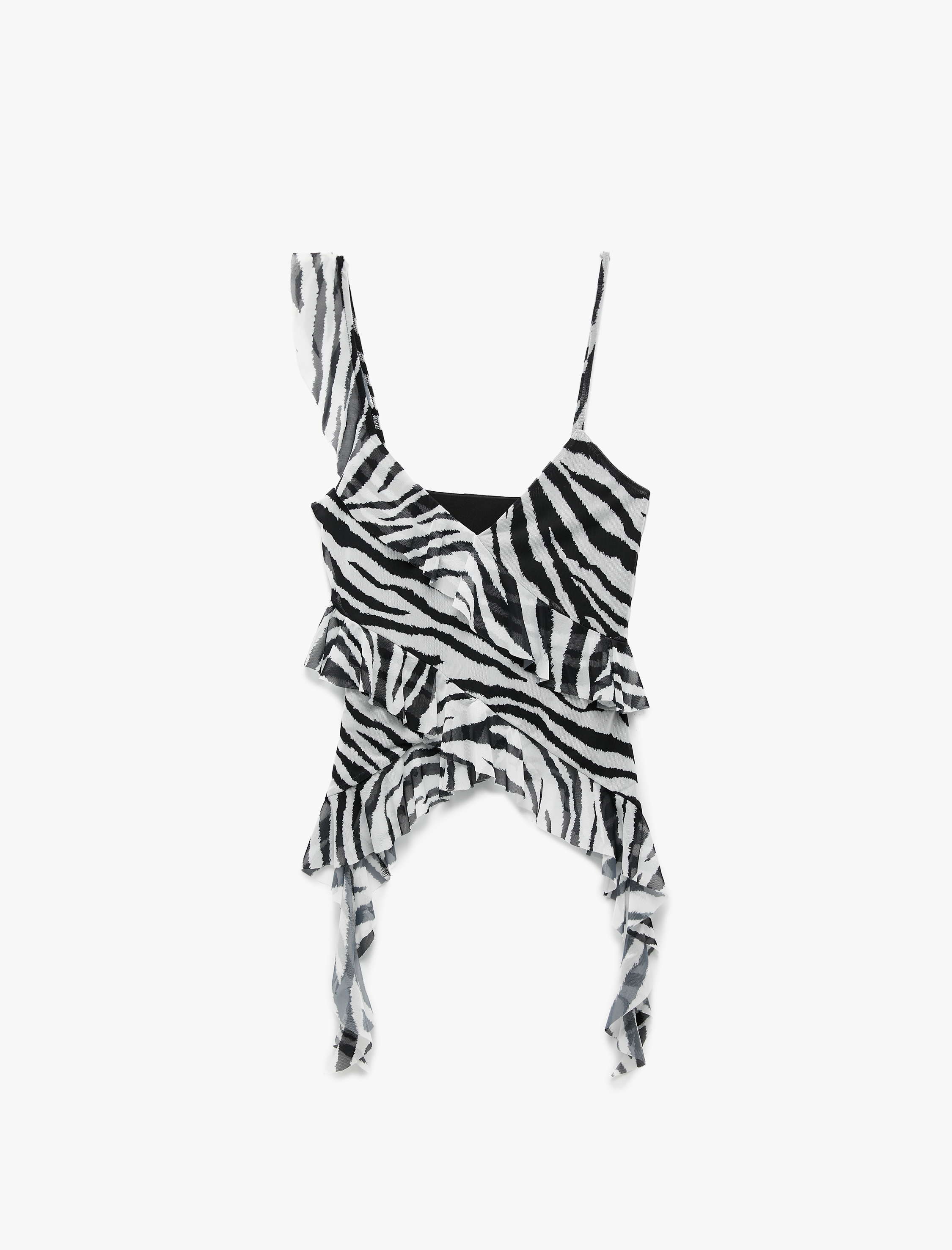   Zebra Desenli Asimetrik Kesim İnce Askılı Tül Fırfırlı Bluz