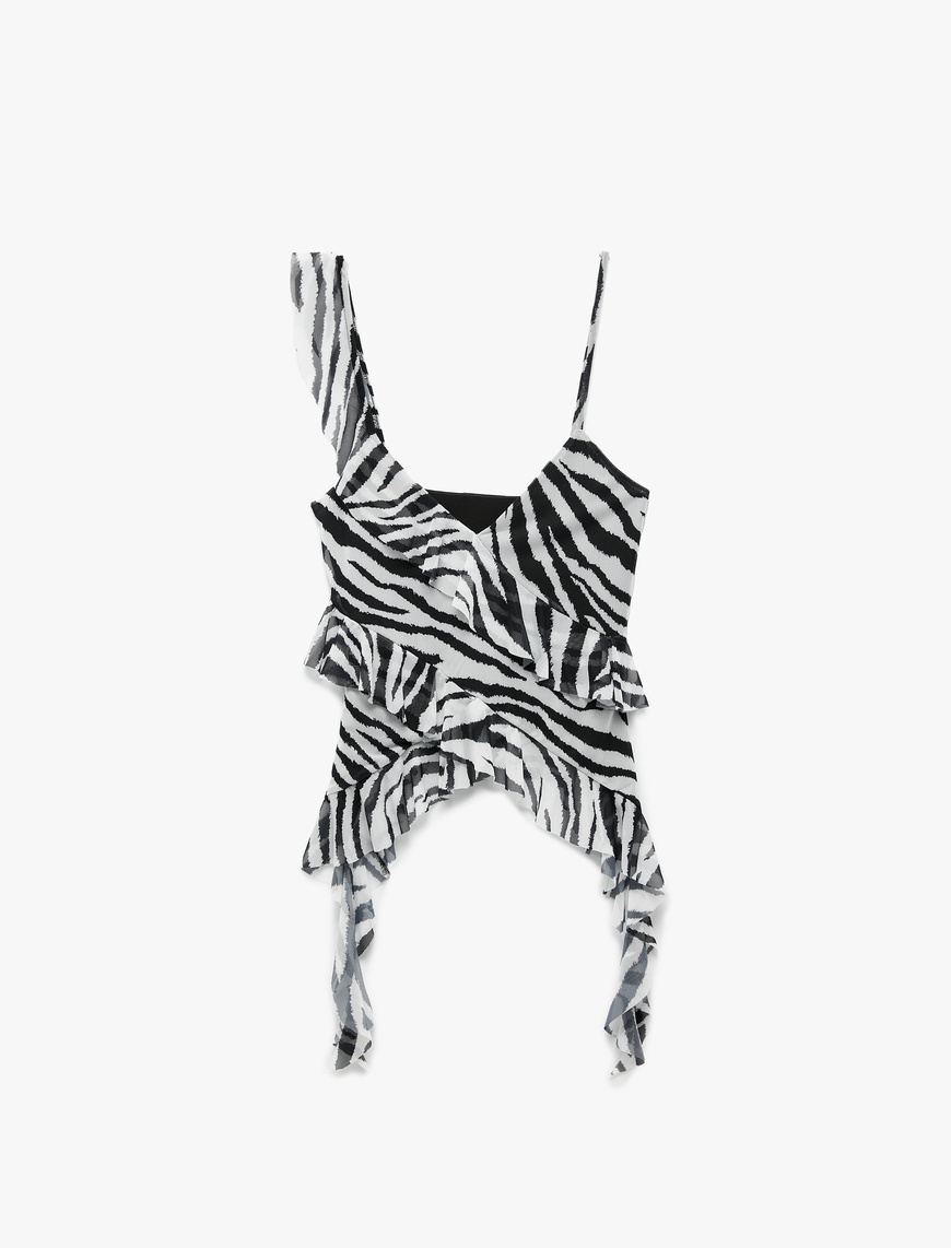   Koton X Zeynep Bastık - Zebra Desenli Asimetrik Kesim İnce Askılı Tül Fırfırlı Bluz