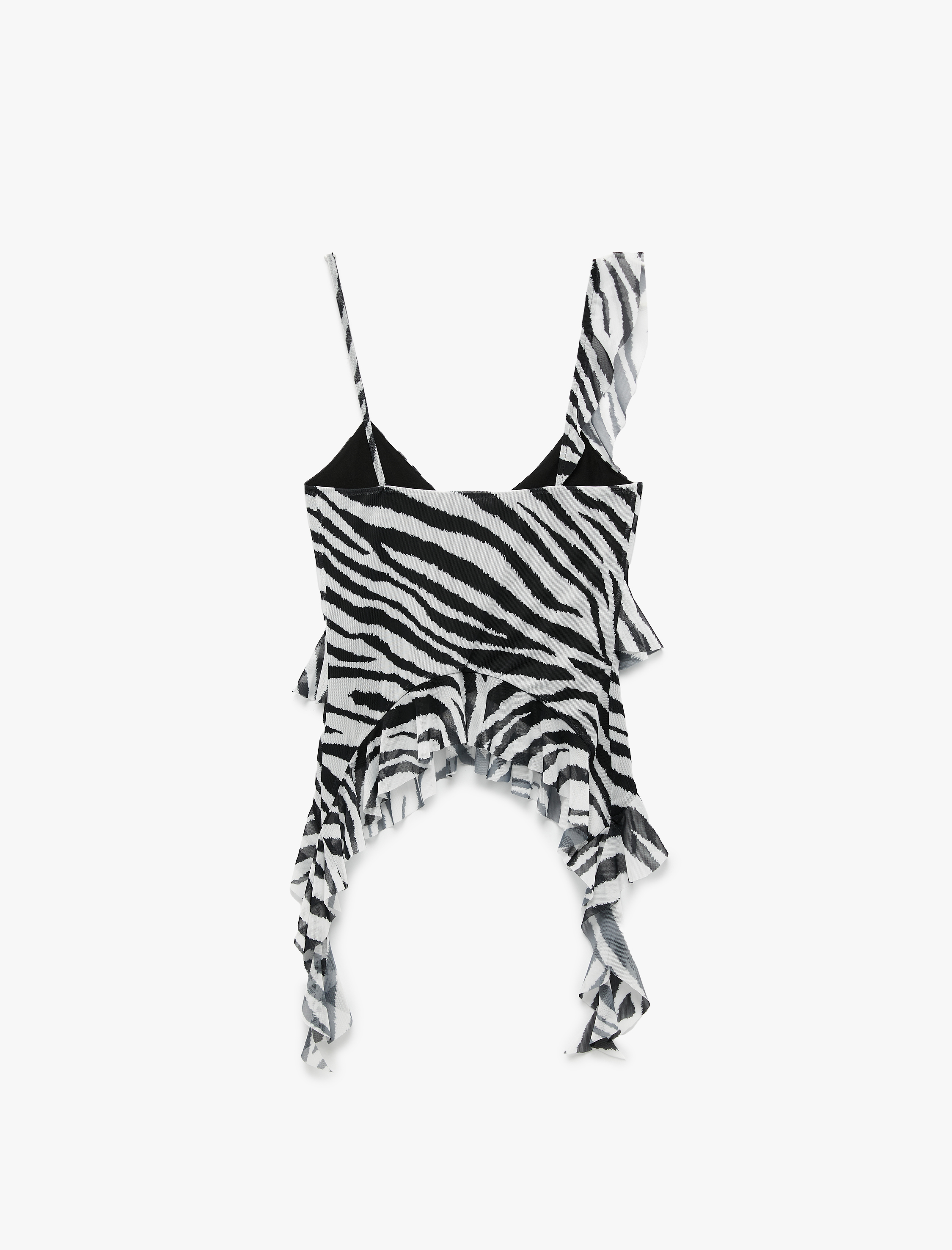   Zebra Desenli Asimetrik Kesim İnce Askılı Tül Fırfırlı Bluz