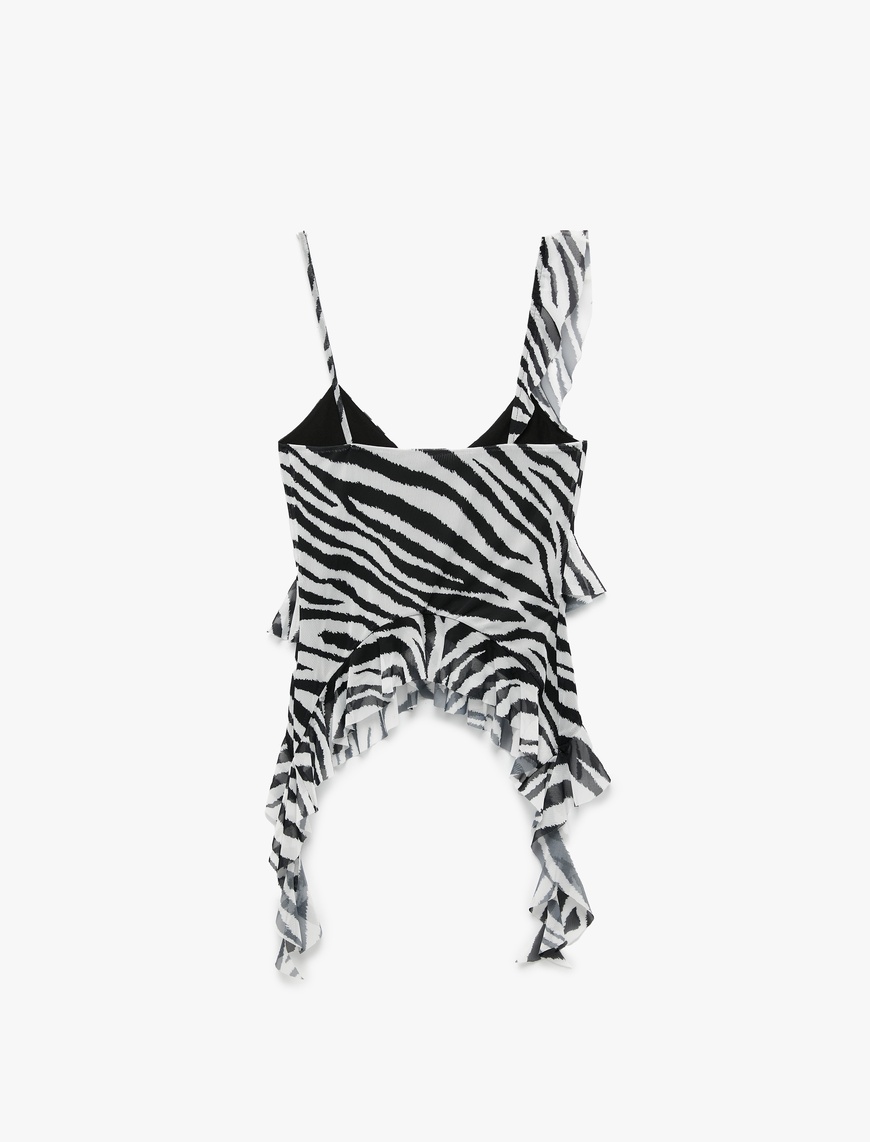   Koton X Zeynep Bastık - Zebra Desenli Asimetrik Kesim İnce Askılı Tül Fırfırlı Bluz