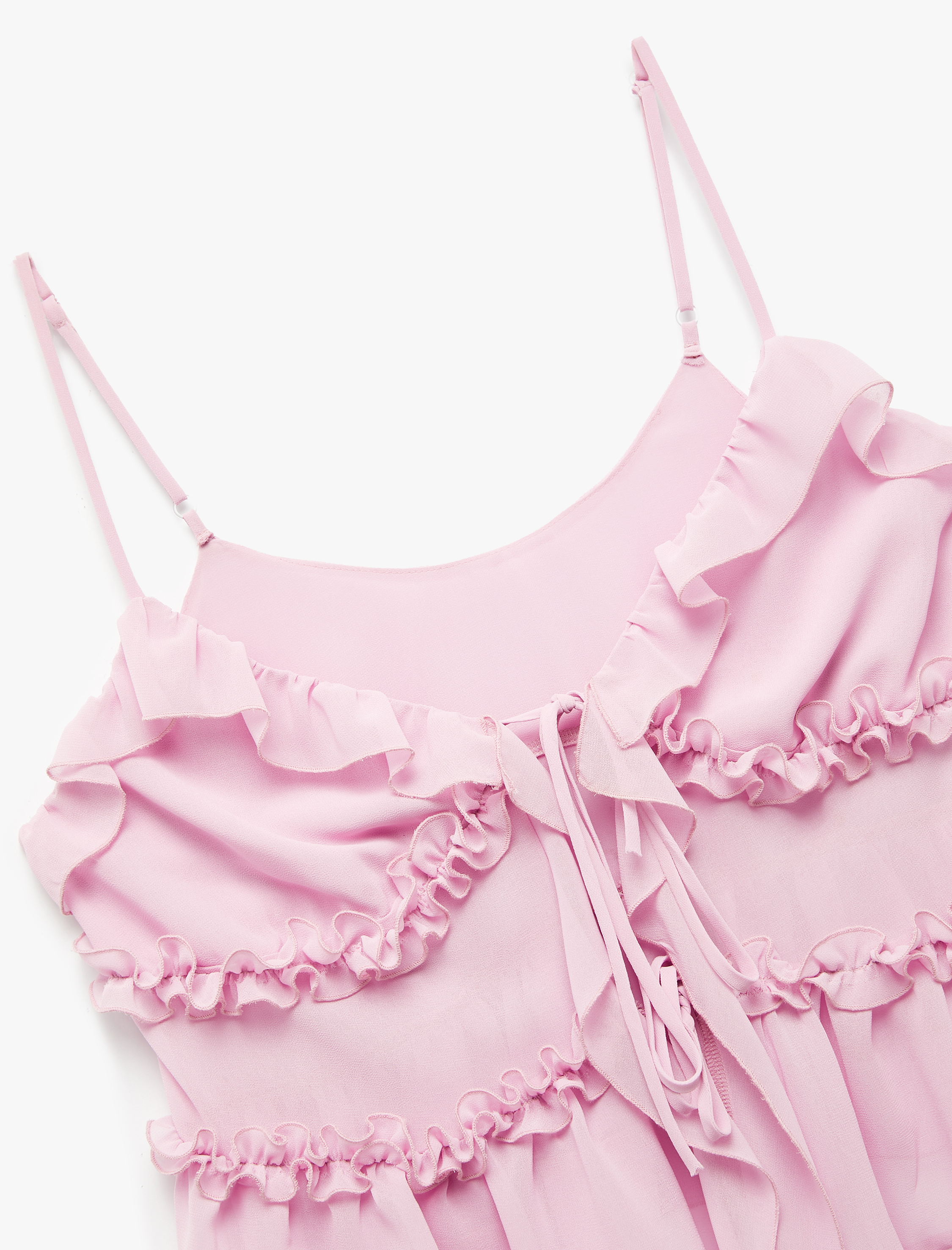   Önden Bağlamalı Fiyonklu İnce Askılı Fırfırlı Şifon Bluz