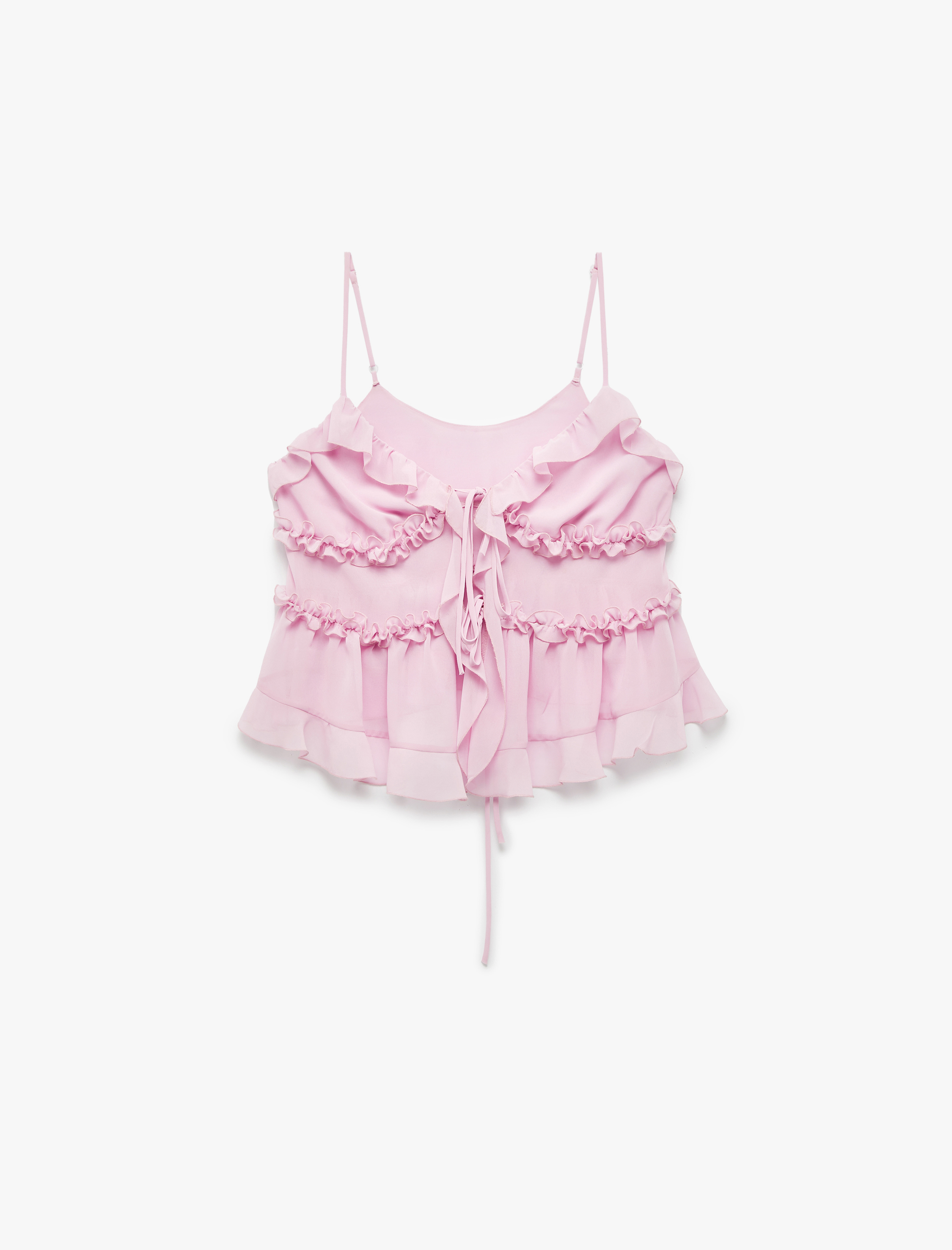   Önden Bağlamalı Fiyonklu İnce Askılı Fırfırlı Şifon Bluz