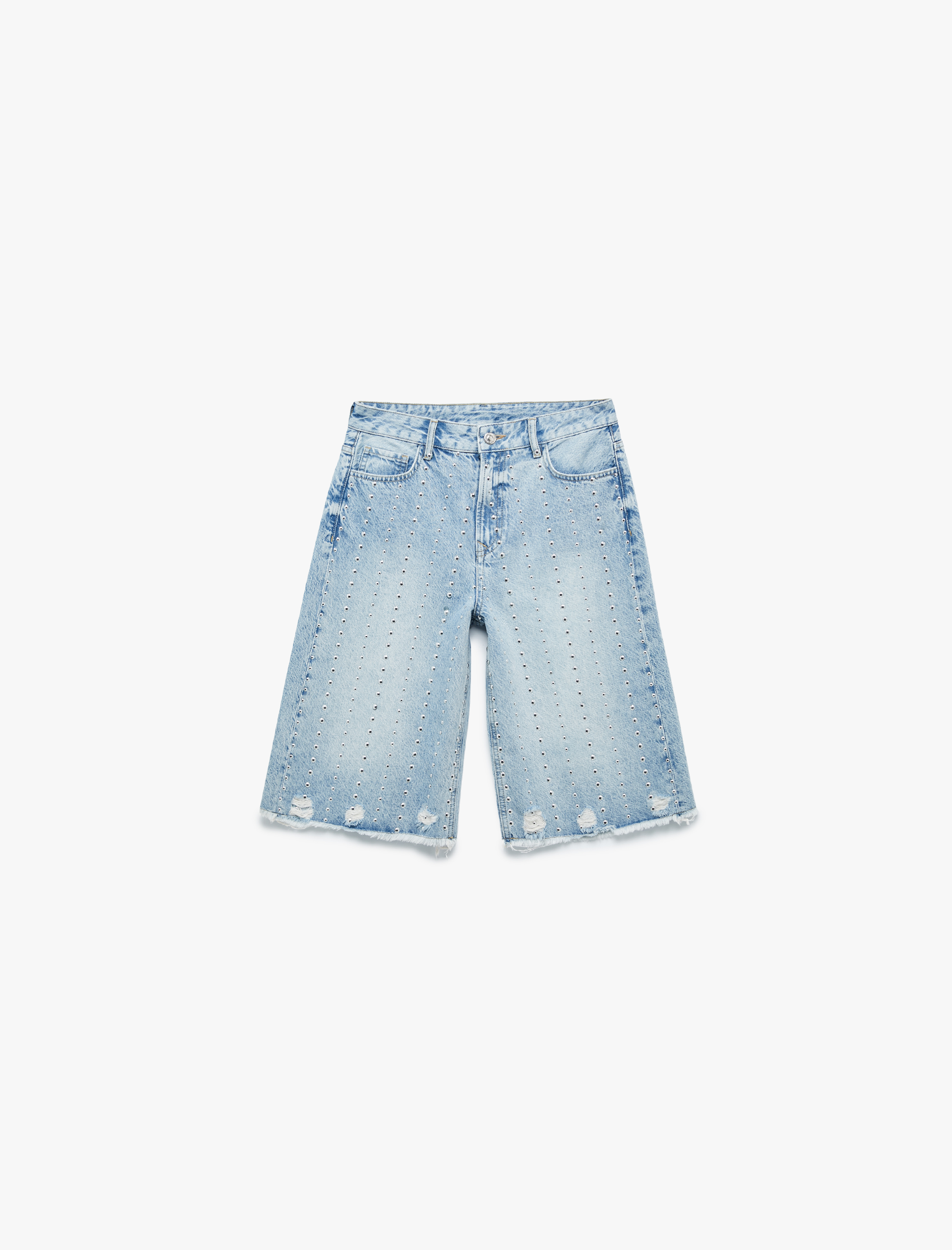   Troklu Yıpratılmış Düğmeli Cepli Bermuda Denim Şort