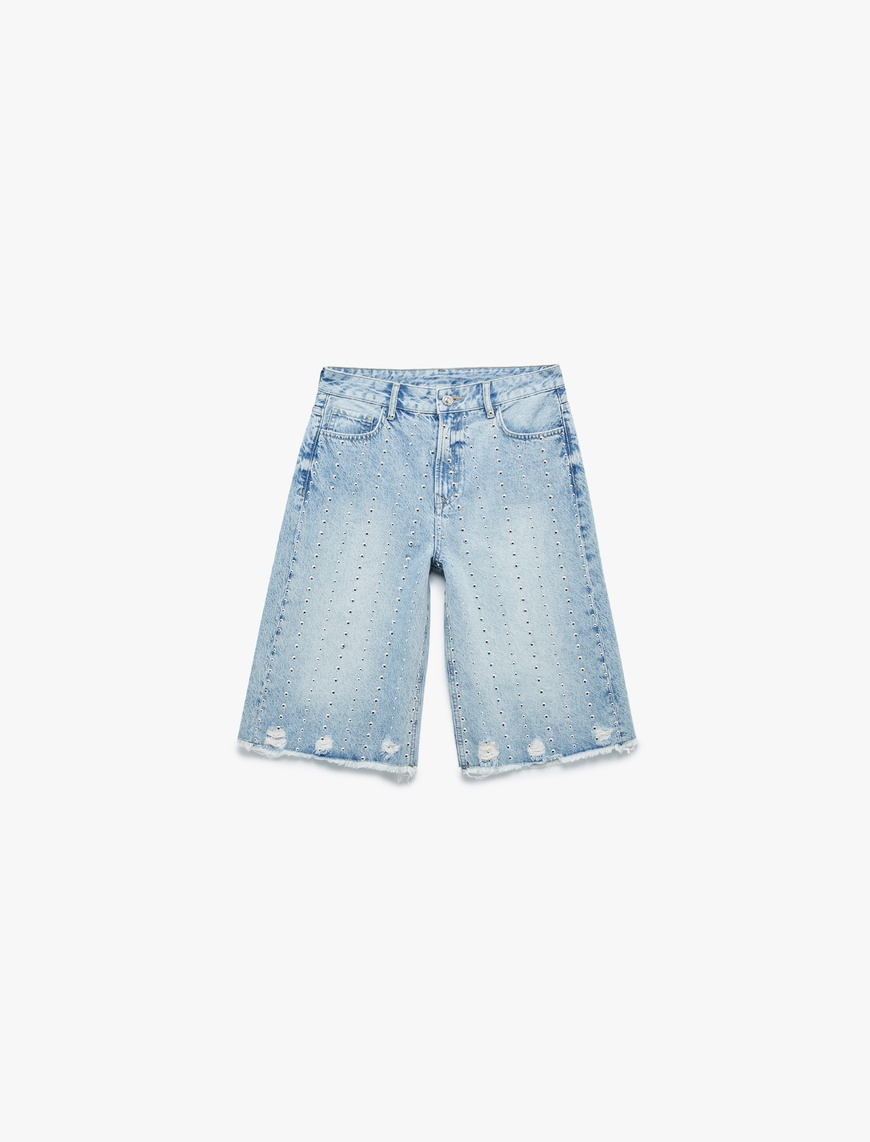   Koton X Zeynep Bastık - Troklu Yıpratılmış Düğmeli Cepli Bermuda Denim Şort