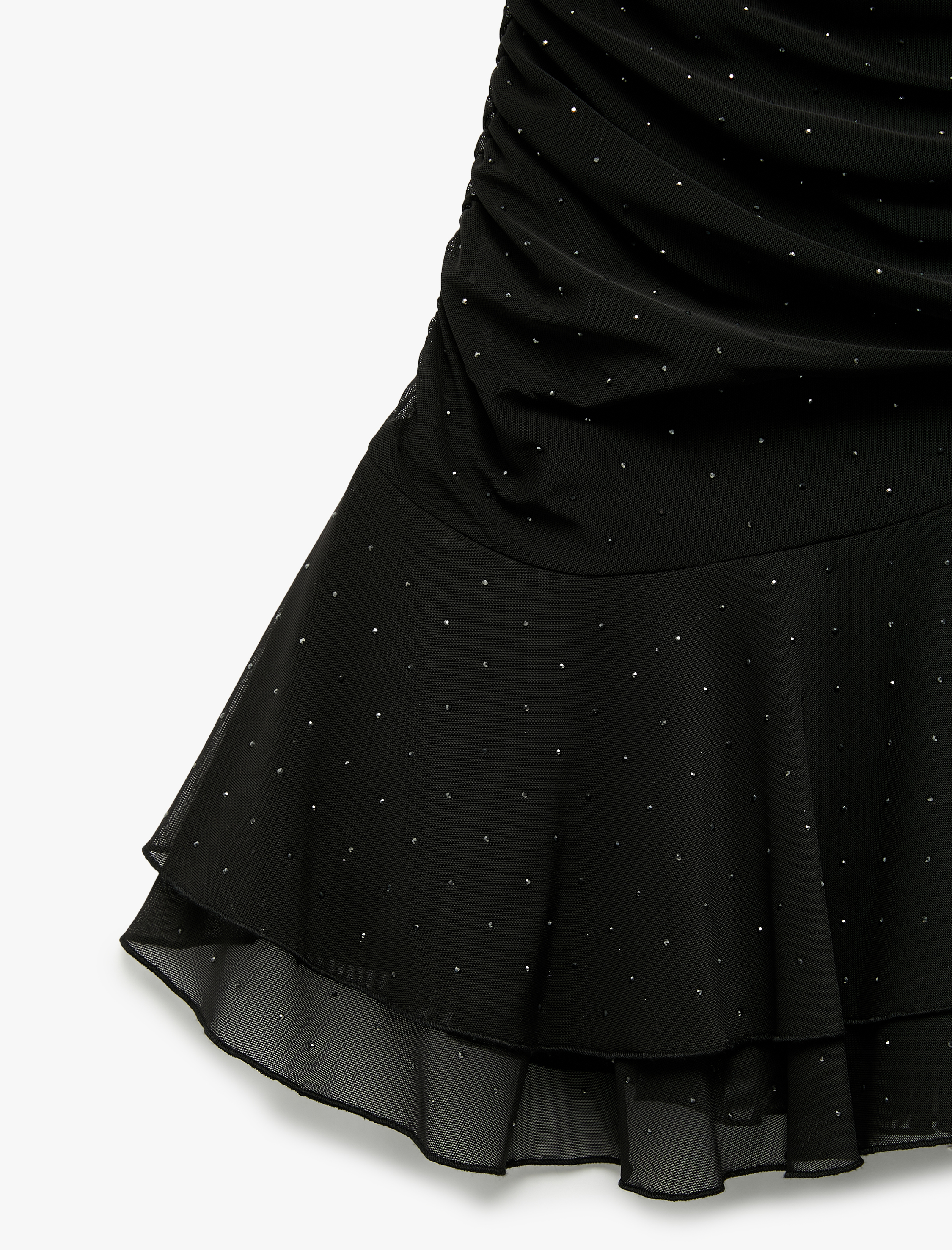   Slim Fit Tül Etek Ucu Detaylı Taşlı Straplez Mini Elbise