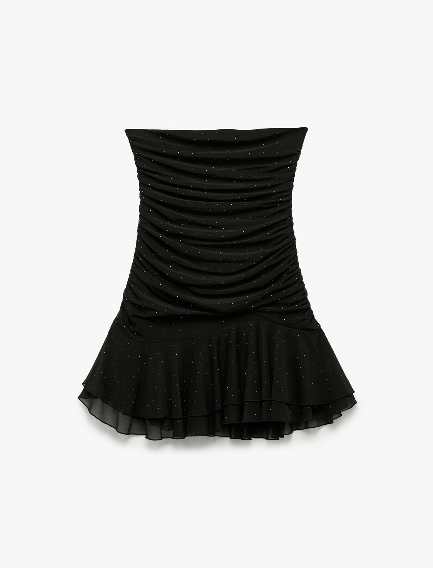   Koton X Zeynep Bastık - Slim Fit Tül Etek Ucu Detaylı Taşlı Straplez Mini Elbise