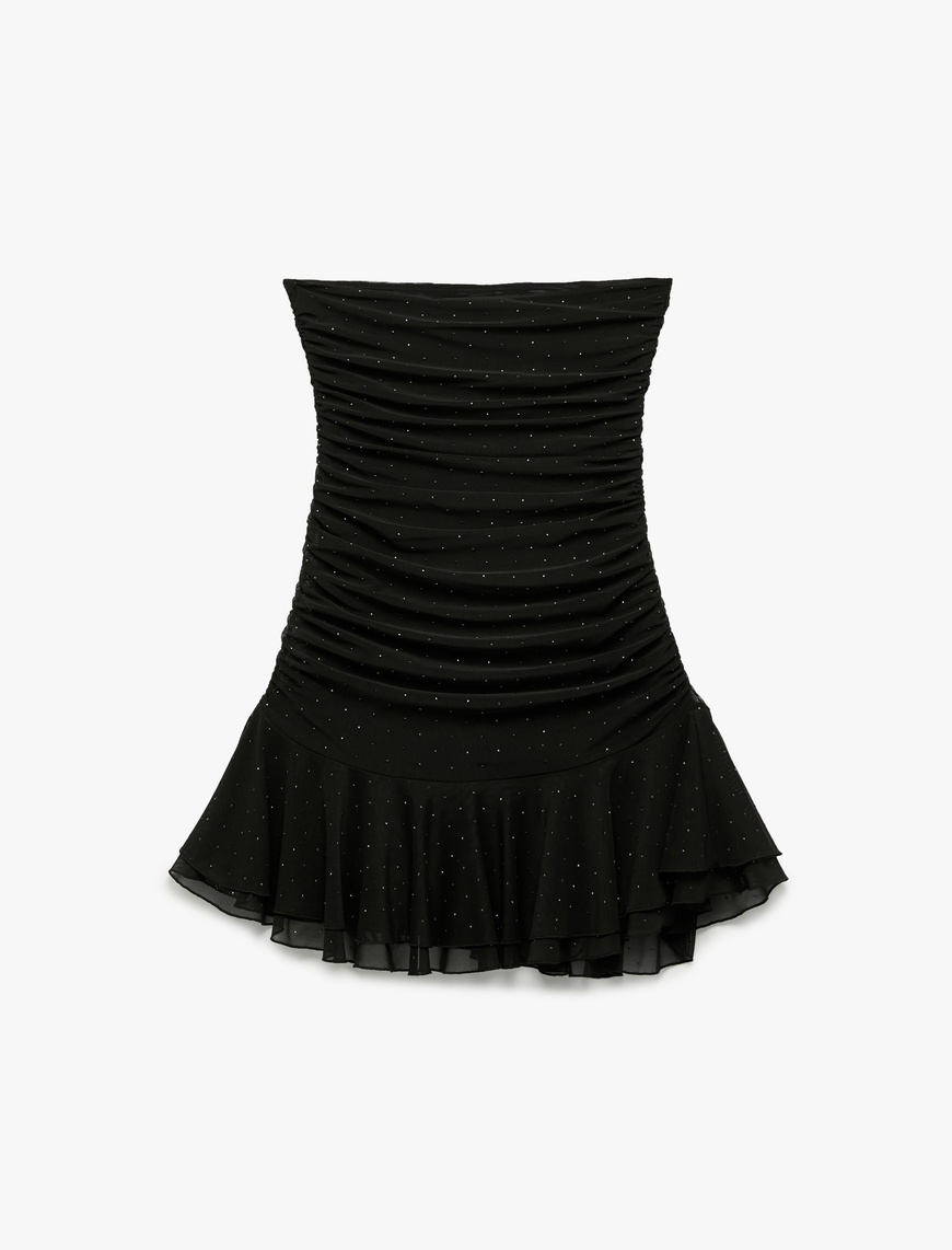   Koton X Zeynep Bastık - Slim Fit Tül Etek Ucu Detaylı Taşlı Straplez Mini Elbise