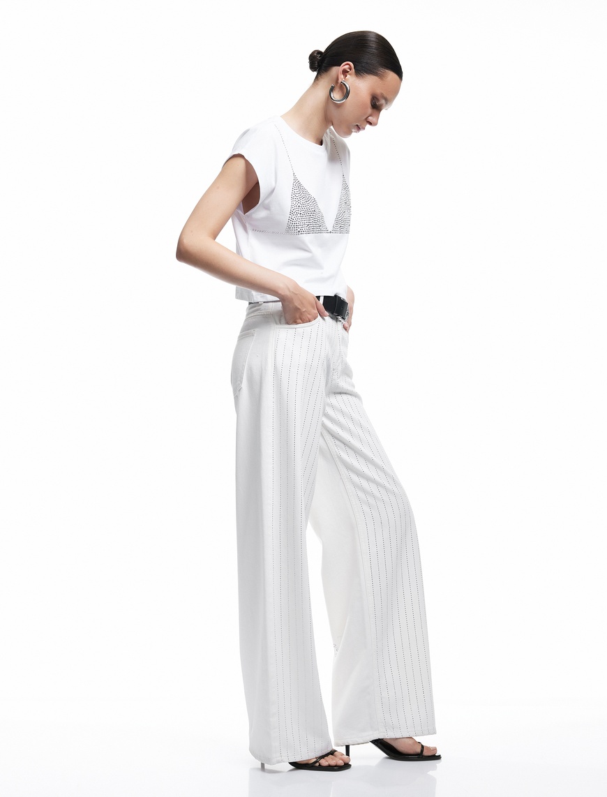   Koton X Zeynep Bastık - Taş Detaylı Pamuklu Loose Straight Fit Geniş Paça Jean Pantolon