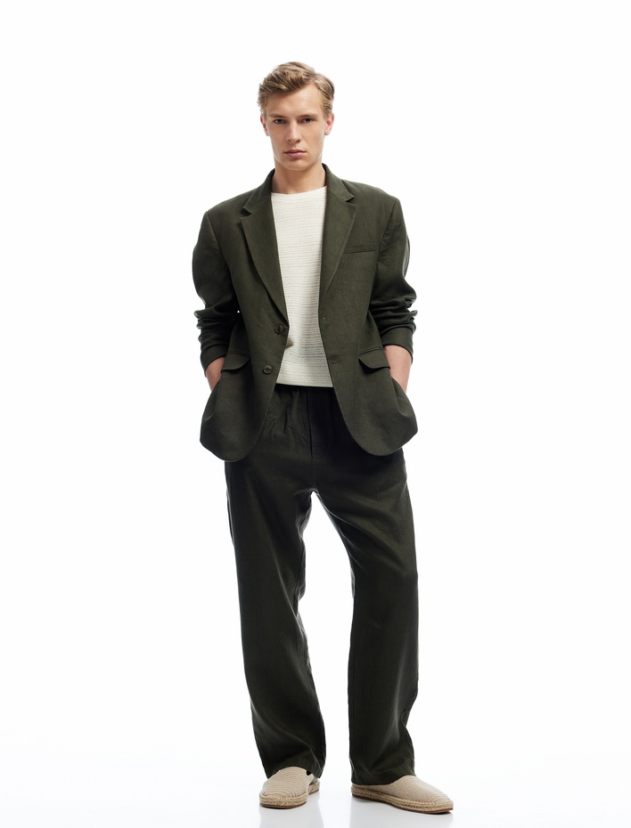  Keten Pamuk Karışımlı Beli Bağcıklı Chino Pantolon