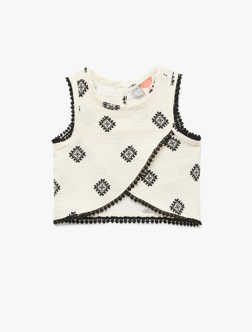  Kız Bebek Pamuklu Nakış Detaylı Kolsuz Crop Bluz