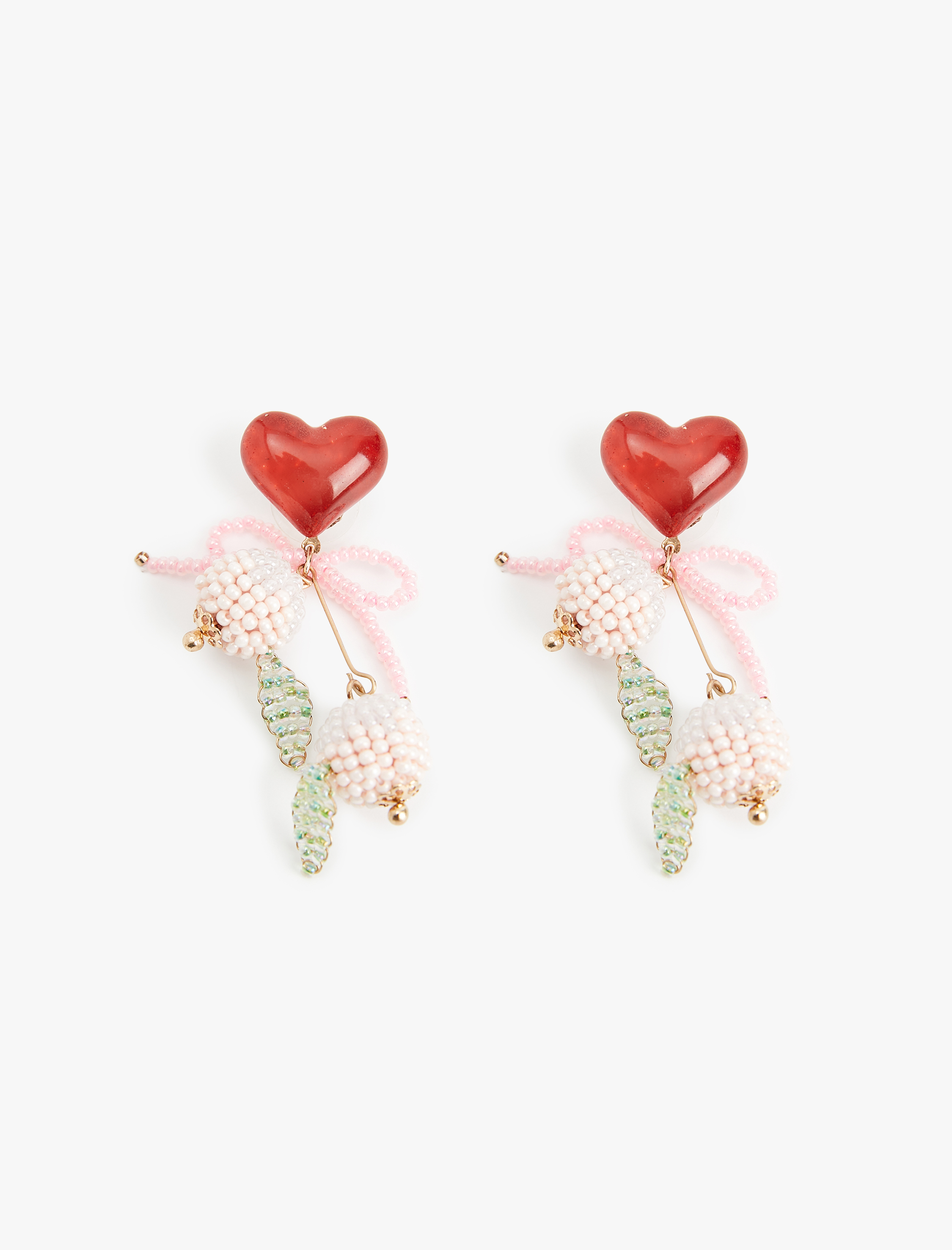  Kadın Büyük Boy Boncuklu Meyve Detaylı Fiyonklu Sallantılı Kalp Küpe