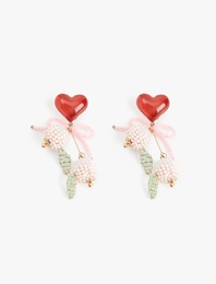 Büyük Boy Boncuklu Meyve Detaylı Fiyonklu Sallantılı Kalp Küpe