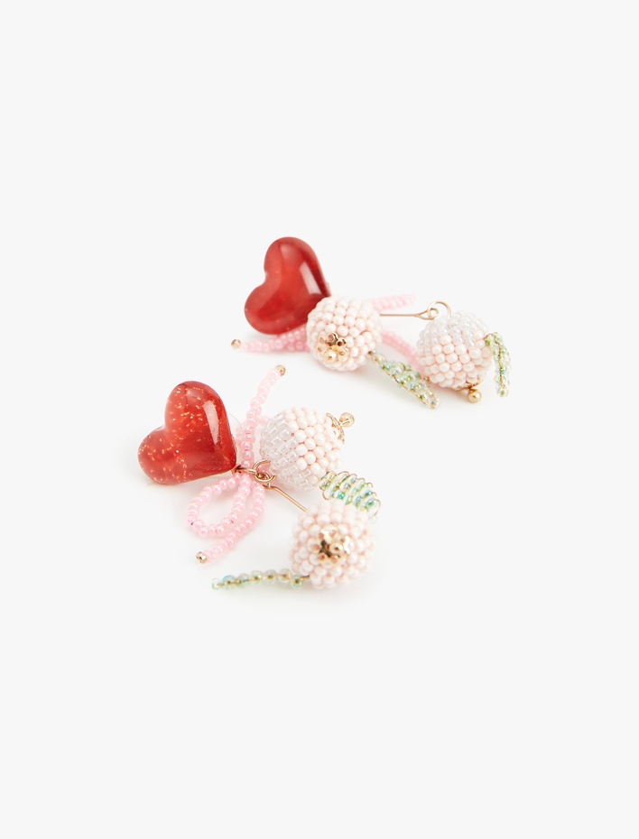 Kadın Büyük Boy Boncuklu Meyve Detaylı Fiyonklu Sallantılı Kalp Küpe