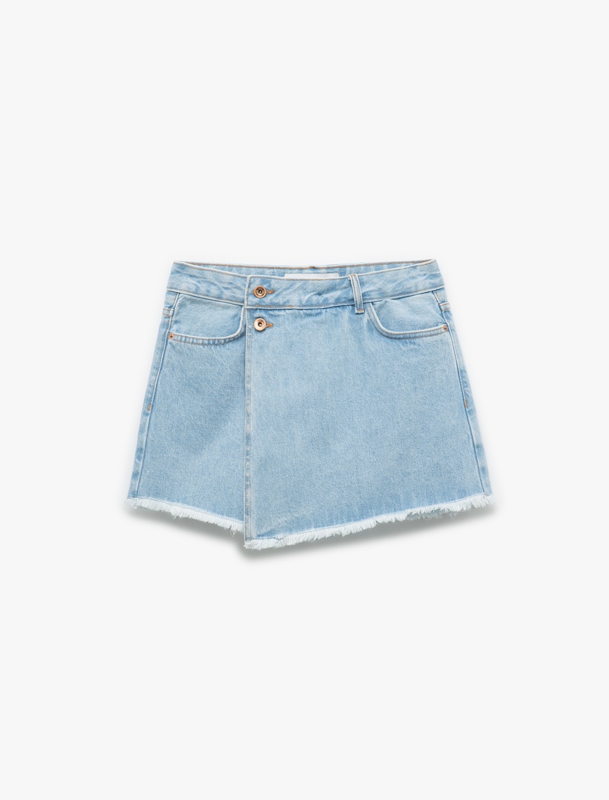   Pamuklu Düğme Detaylı Cepli Asimetrik Mini Denim Şort Etek