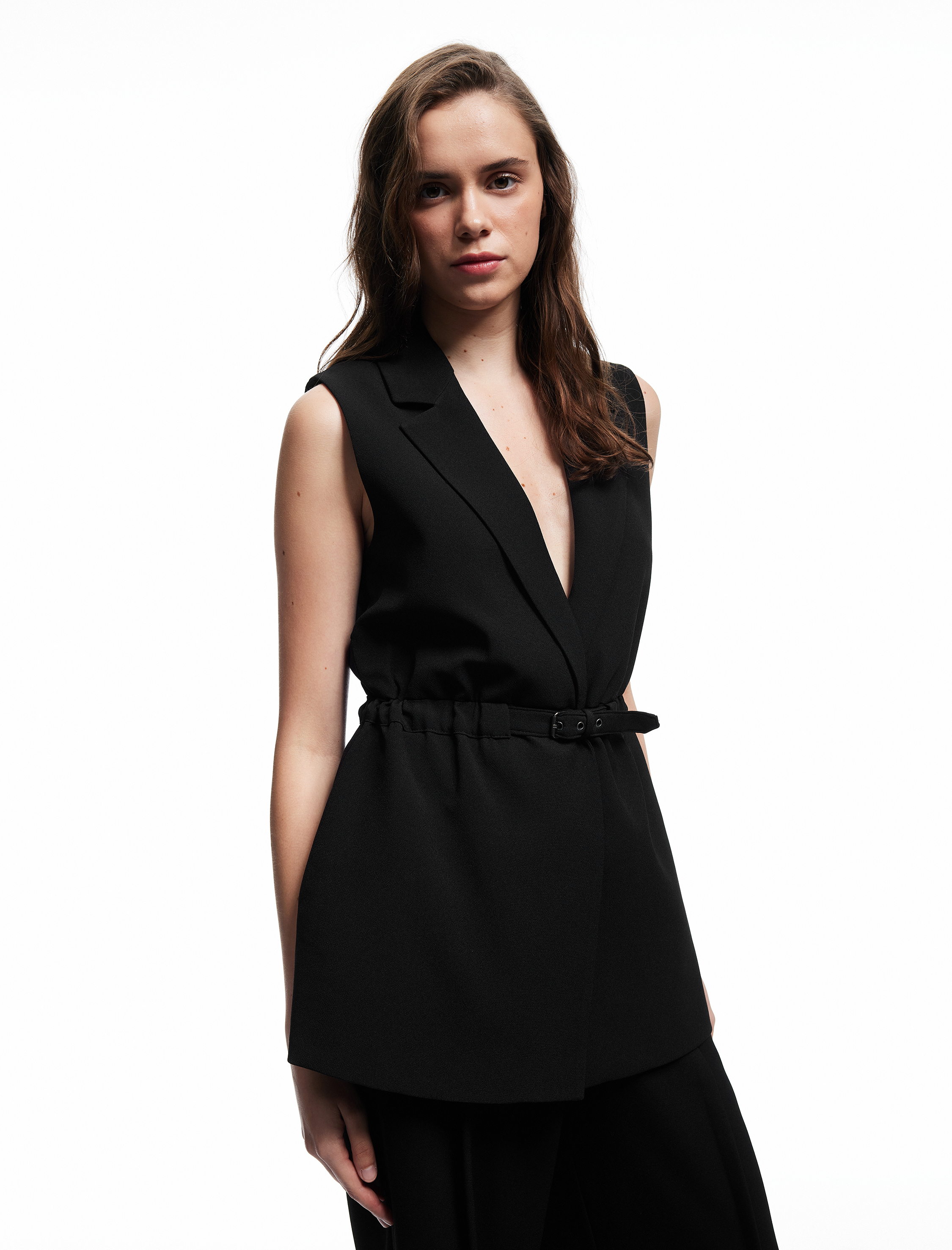   Astarlı Kruvaze Kolsuz Kemerli Uzun Yelek