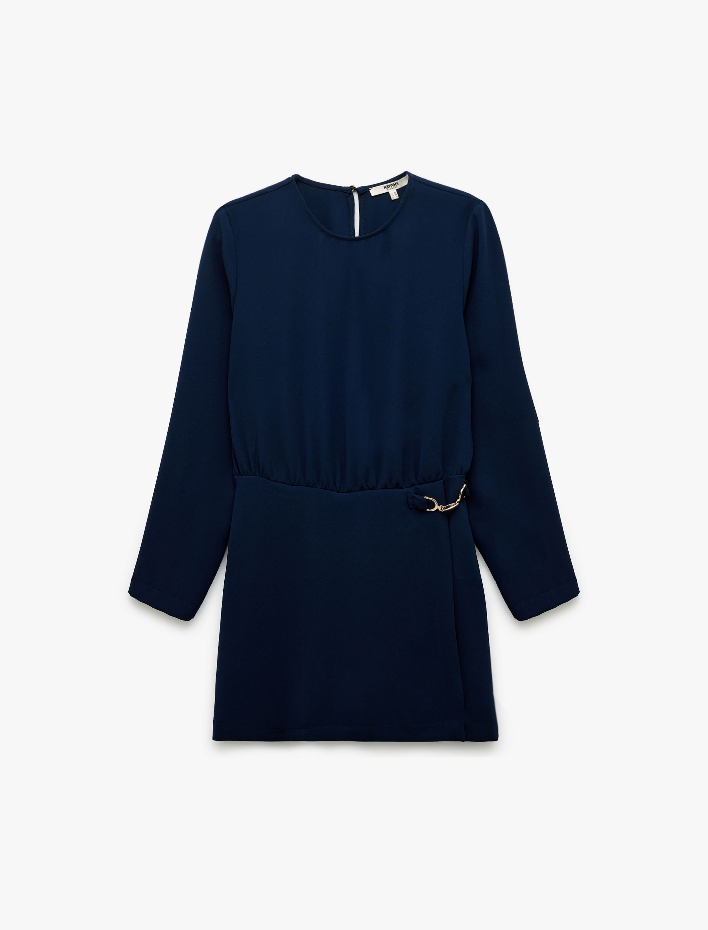   Krep Kumaş Bisiklet Yaka Metal Aksesuarlı Uzun Kollu Mini Elbise