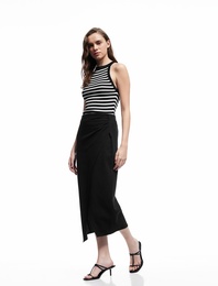 Keten Karışımlı Drape Detaylı Yırtmaçlı Asimetrik Midi Kruvaze Etek