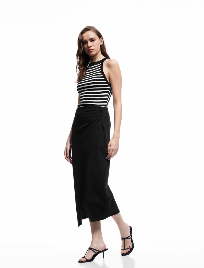  Keten Karışımlı Drape Detaylı Yırtmaçlı Asimetrik Midi Kruvaze Etek