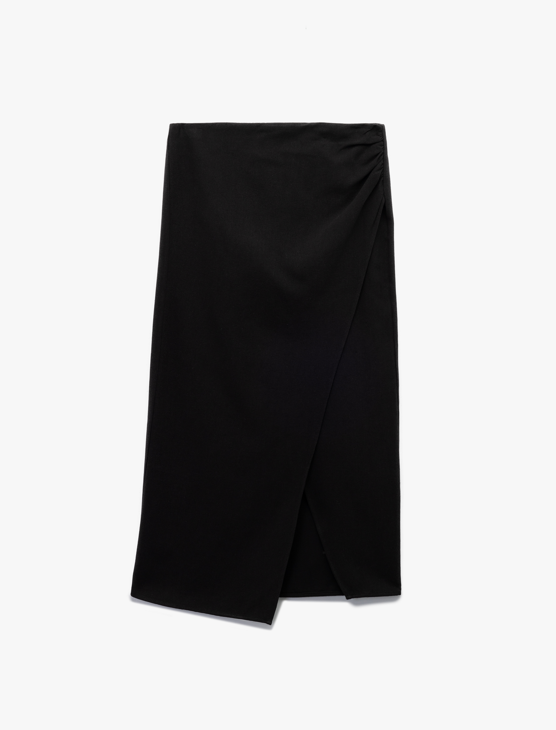   Keten Karışımlı Drape Detaylı Yırtmaçlı Asimetrik Midi Kruvaze Etek