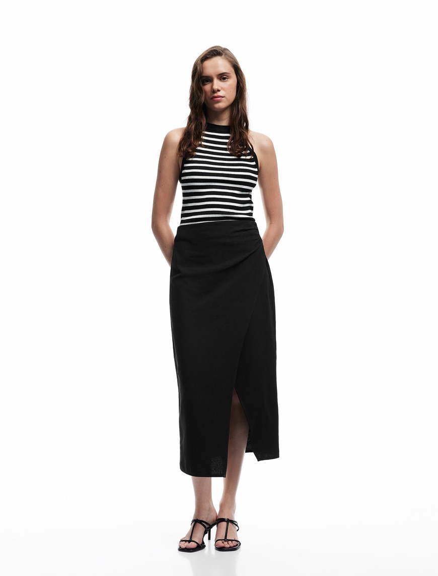   Keten Karışımlı Drape Detaylı Yırtmaçlı Asimetrik Midi Kruvaze Etek