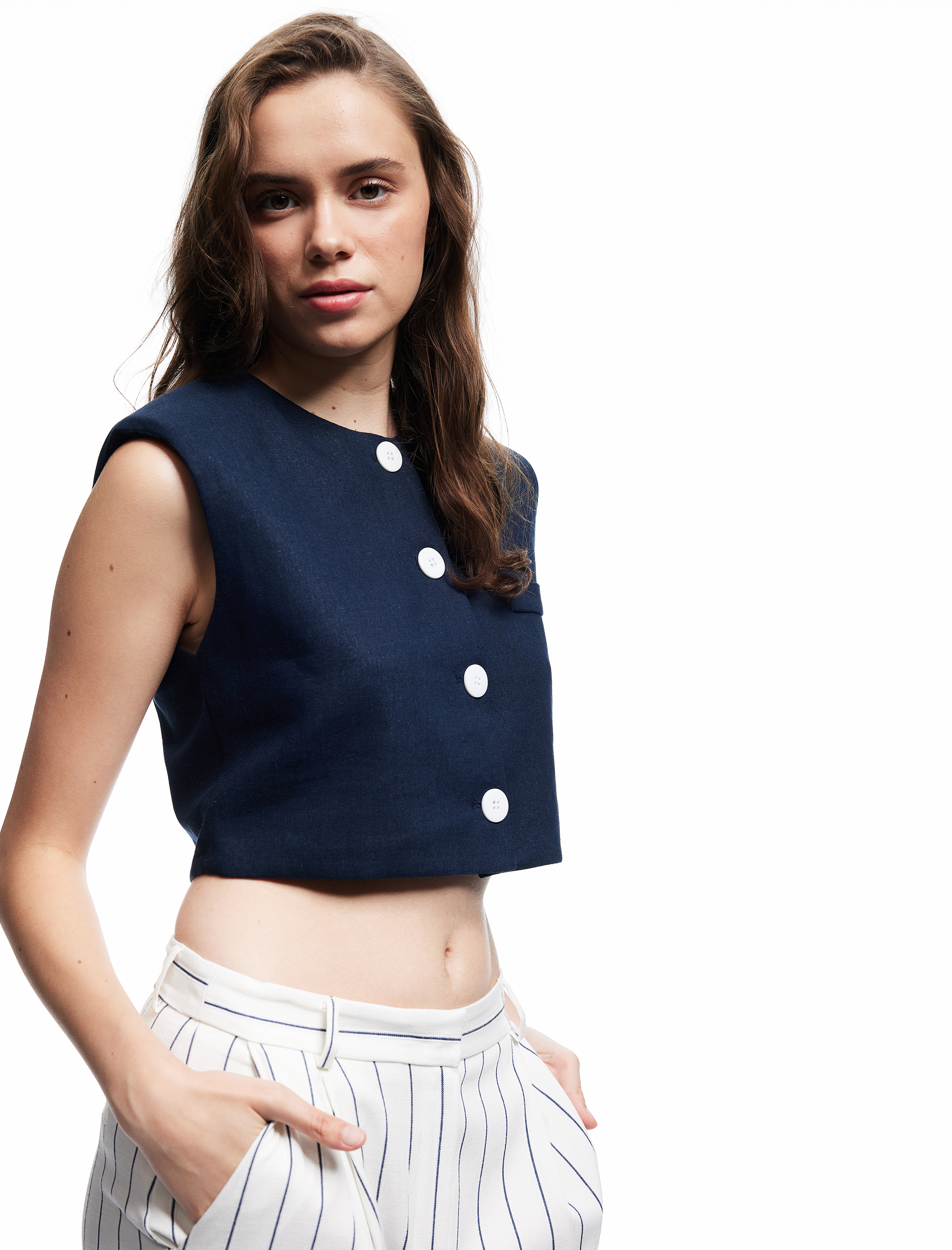   Kolsuz Cepli Bisiklet Yaka Düğmeli Kısa Keten Yelek