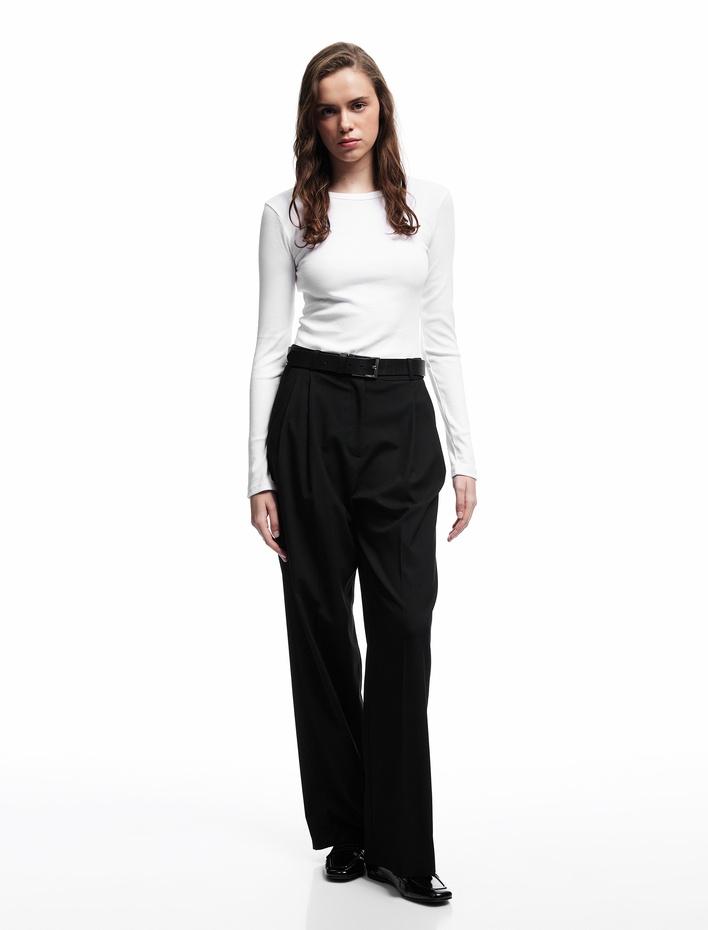  Pamuklu Slim Fit Kaşkorse Uzun Kollu Bisiklet Yaka Tişört