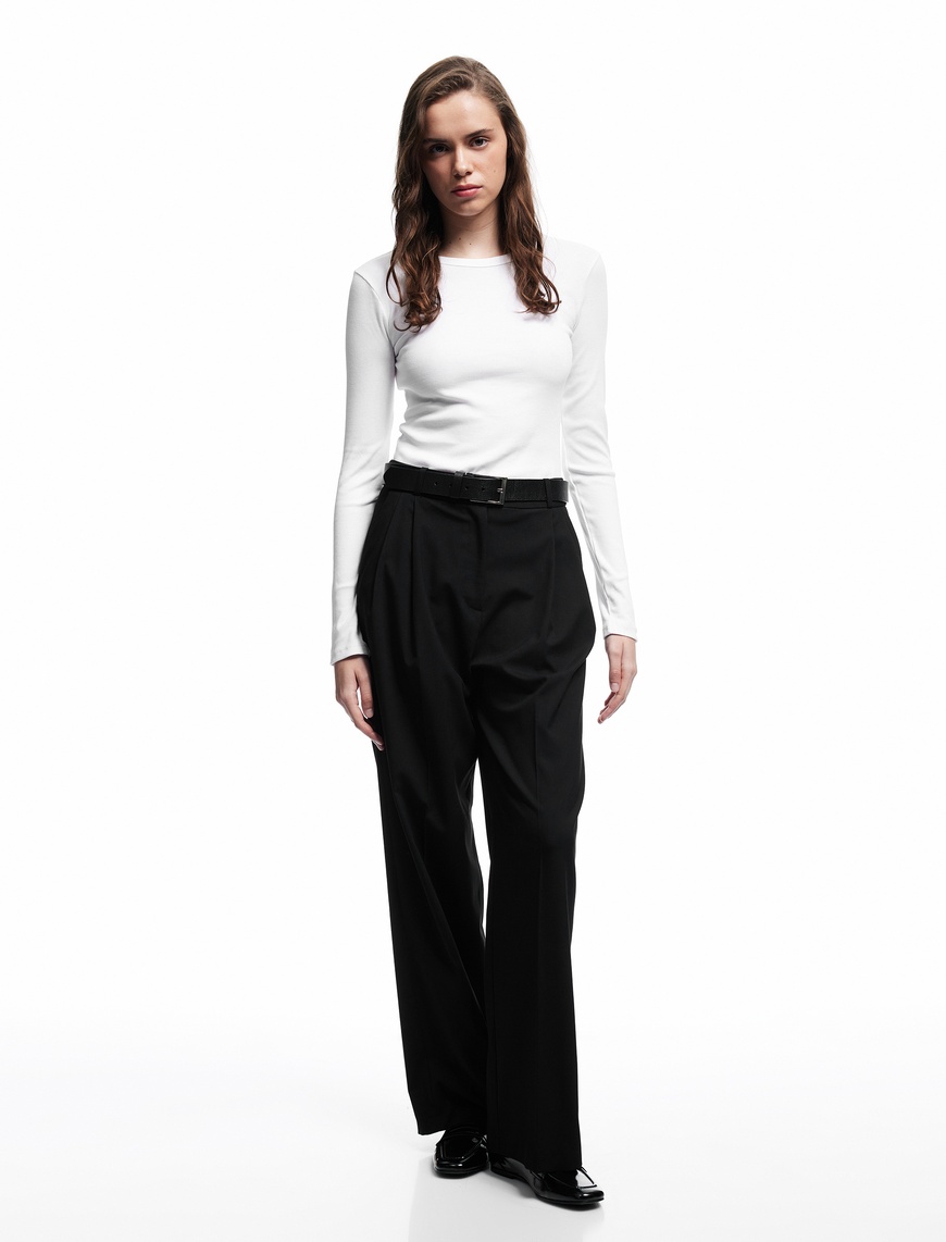   Pamuklu Slim Fit Kaşkorse Uzun Kollu Bisiklet Yaka Tişört