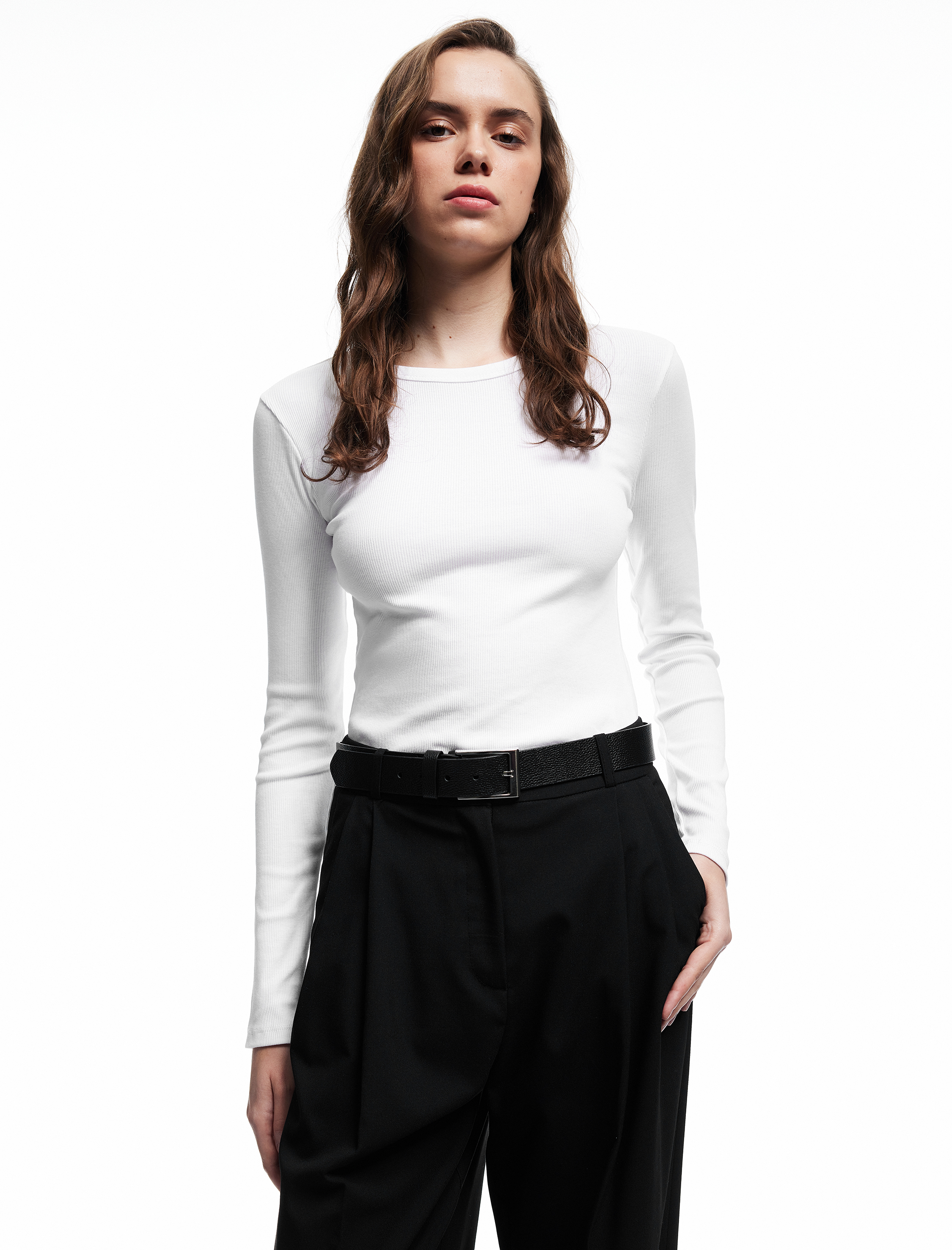   Pamuklu Slim Fit Kaşkorse Uzun Kollu Bisiklet Yaka Tişört